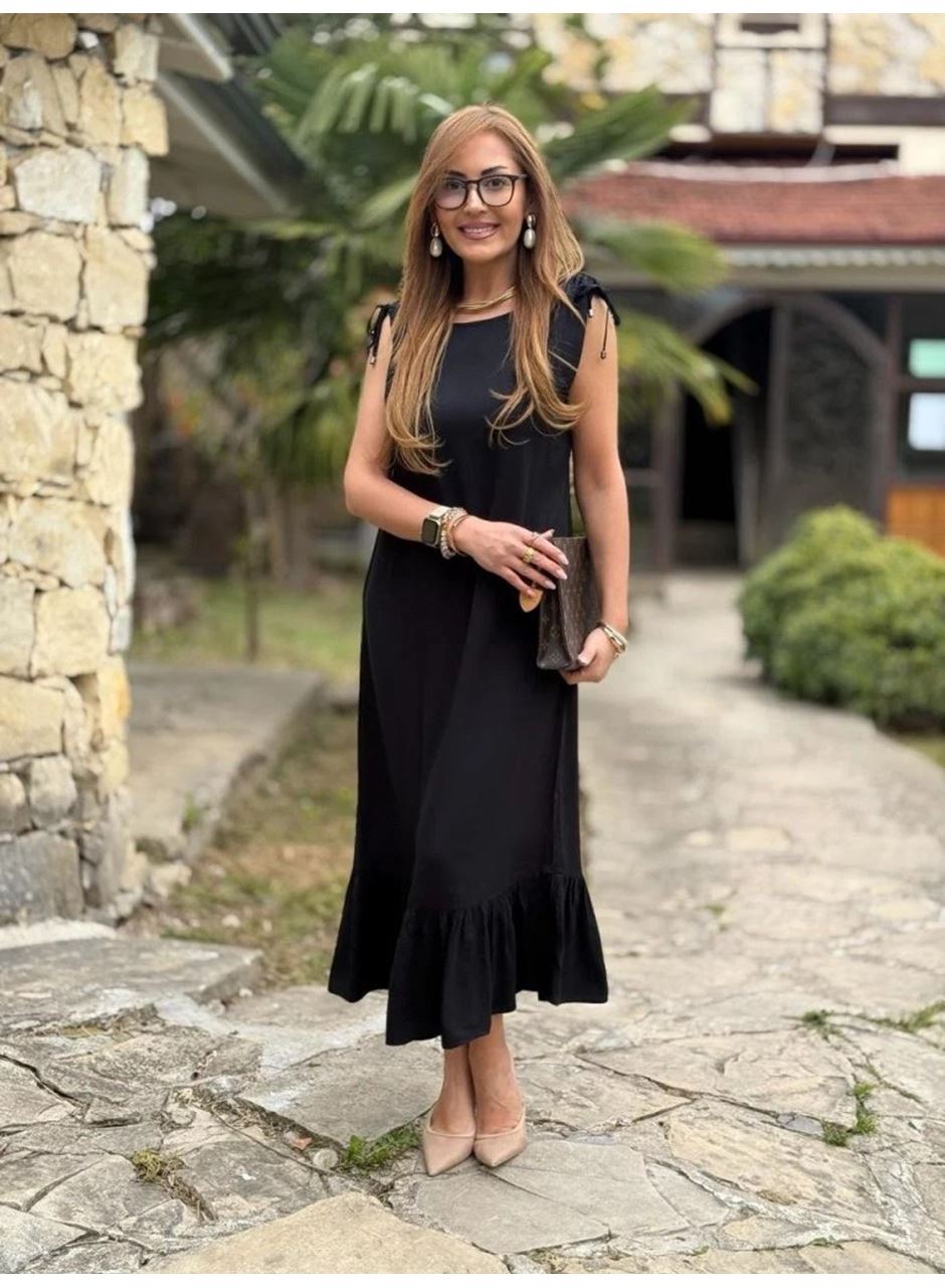 Kadın Omuzlardan Büzgülü Kayık Yaka Fırfırlı Janjan Krep Elbise