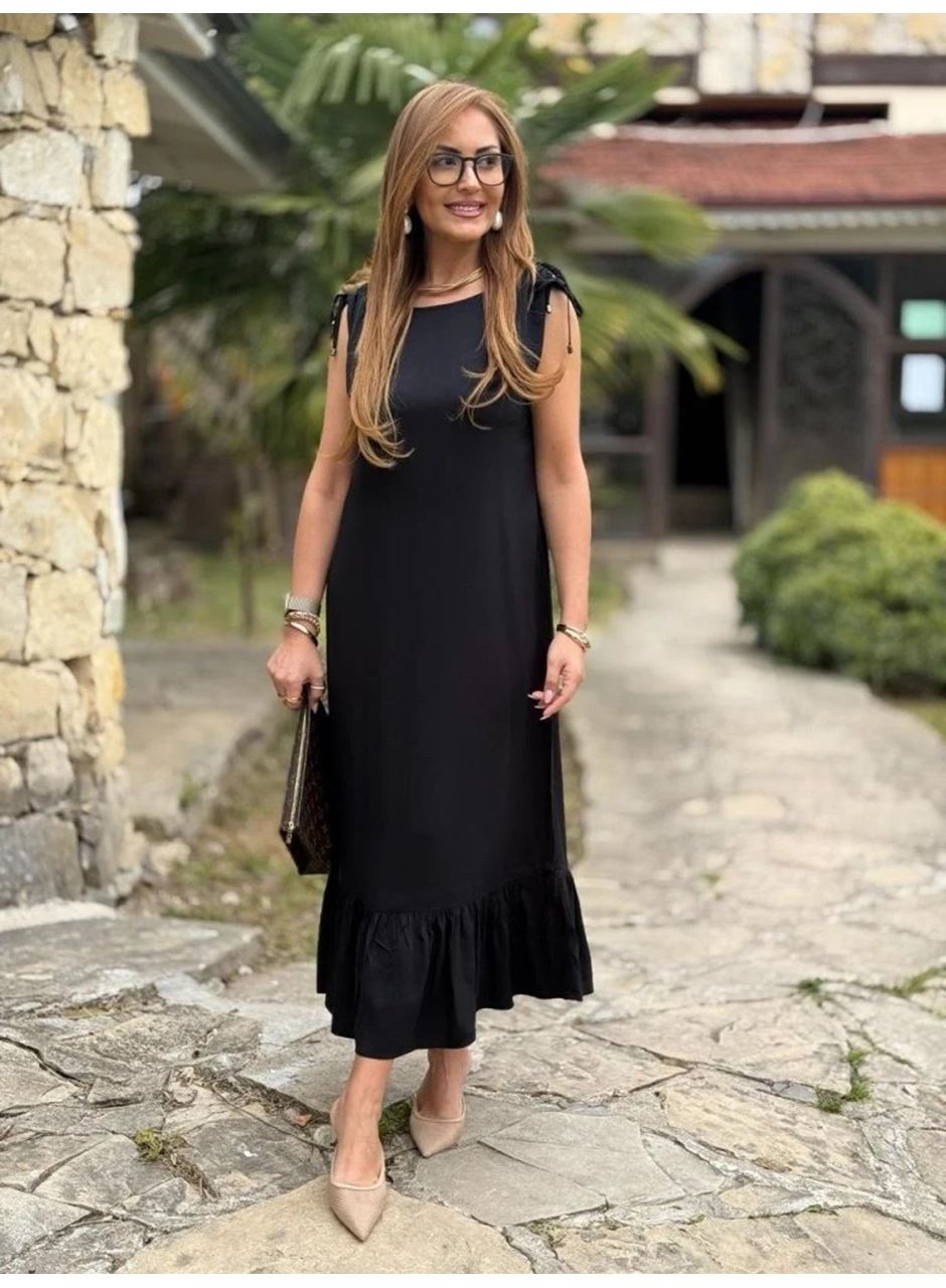 Kadın Omuzlardan Büzgülü Kayık Yaka Fırfırlı Janjan Krep Elbise