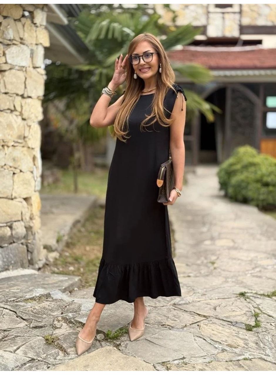 Kadın Omuzlardan Büzgülü Kayık Yaka Fırfırlı Janjan Krep Elbise