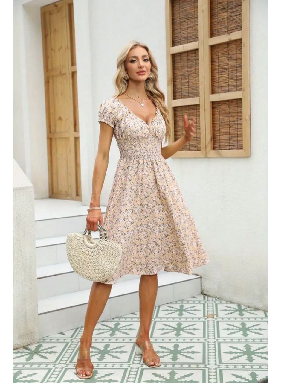 Kadın Kısa Kollu Kruvaze Yaka Lastikli Belden Gipeli çiçek Desenli Suprem Elbise
