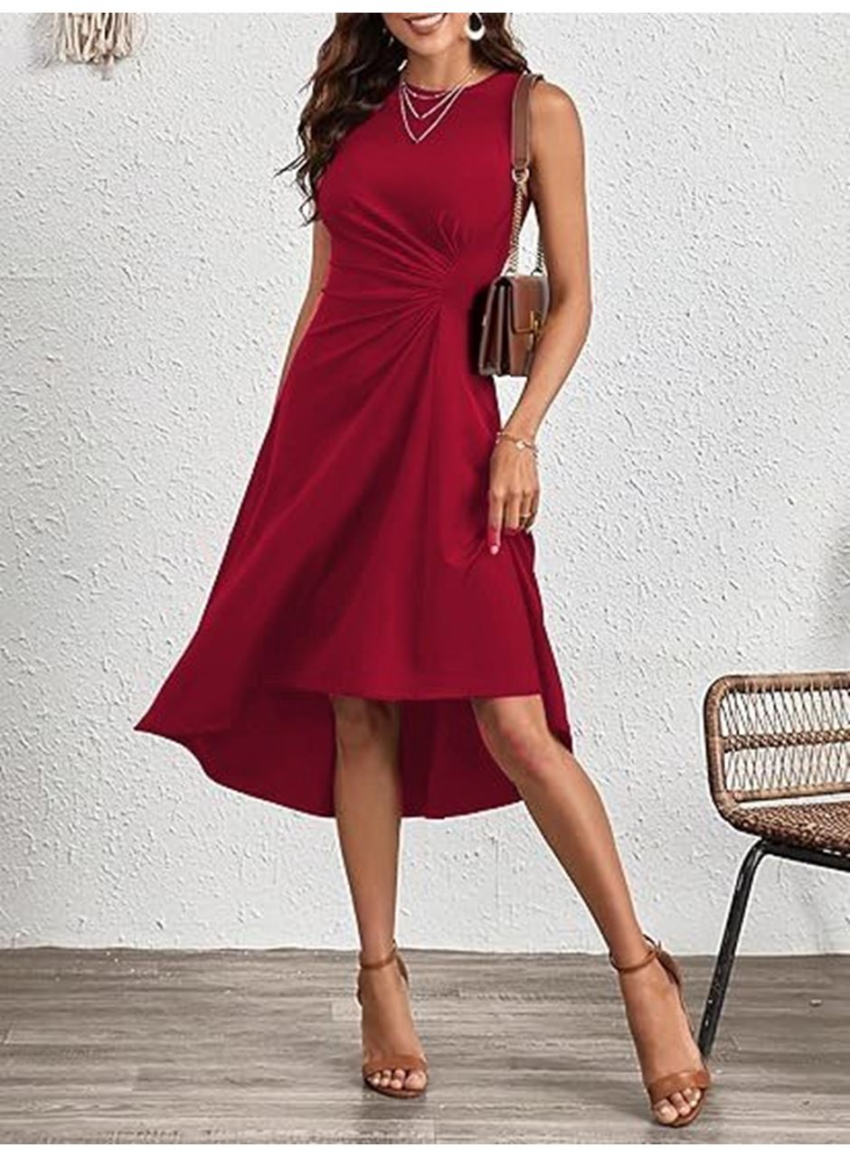 Kadın Sıfır Kollu Bisiklet Yaka Büzgülü Asimetrik Kesim Detaylı Janjan Krep Elbise