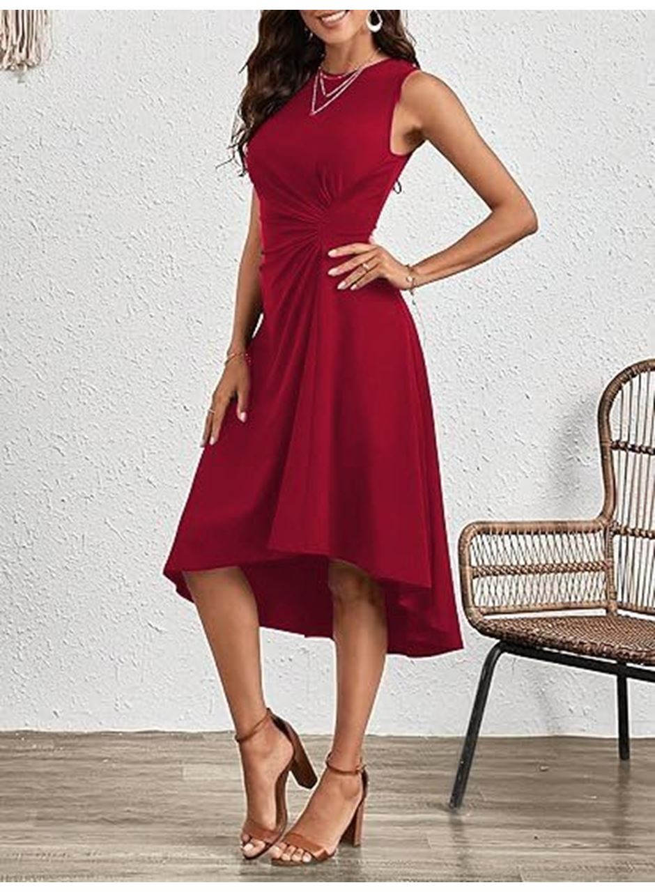 Kadın Sıfır Kollu Bisiklet Yaka Büzgülü Asimetrik Kesim Detaylı Janjan Krep Elbise