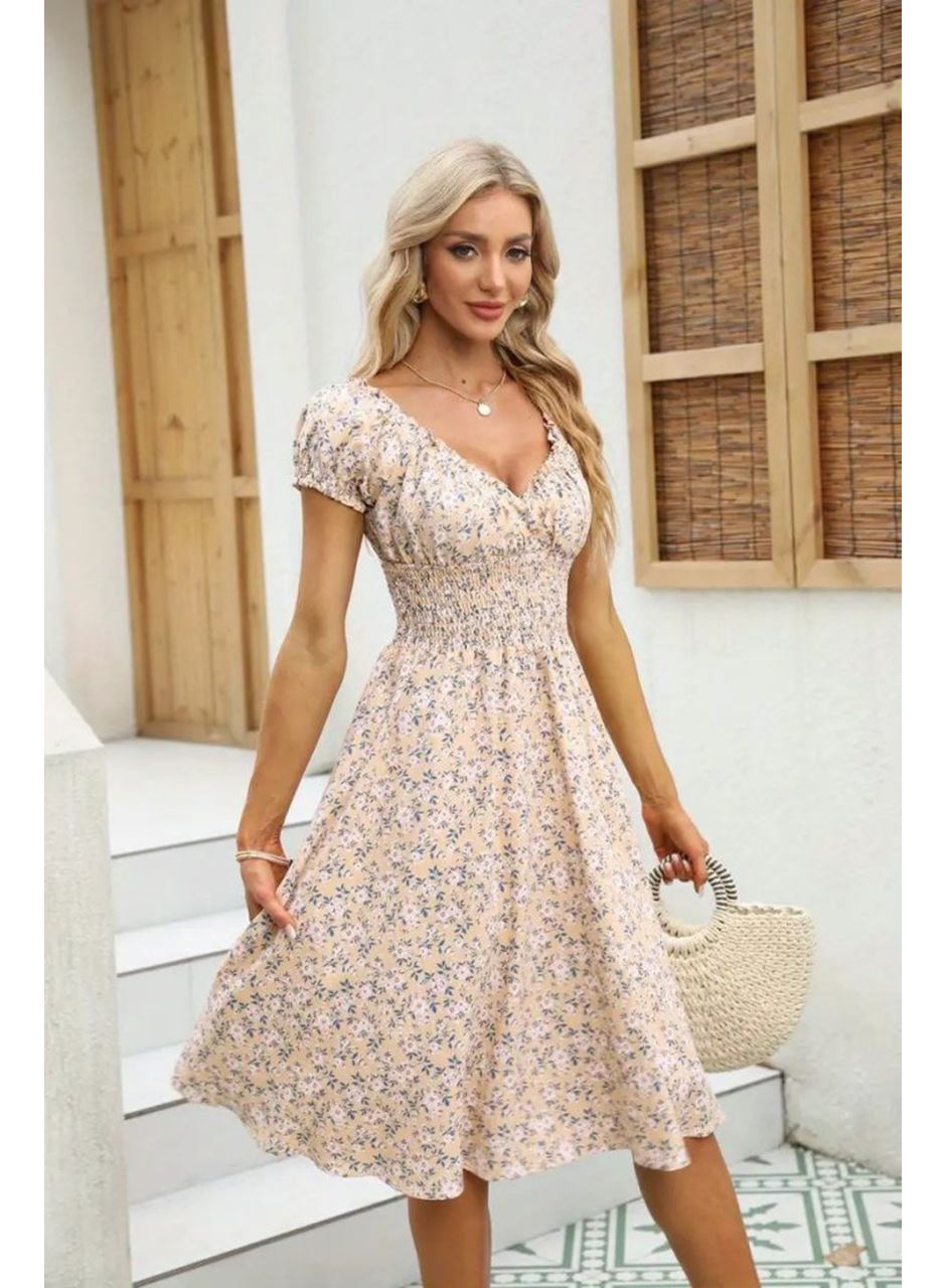 Kadın Kısa Kollu Kruvaze Yaka Lastikli Belden Gipeli çiçek Desenli Suprem Elbise