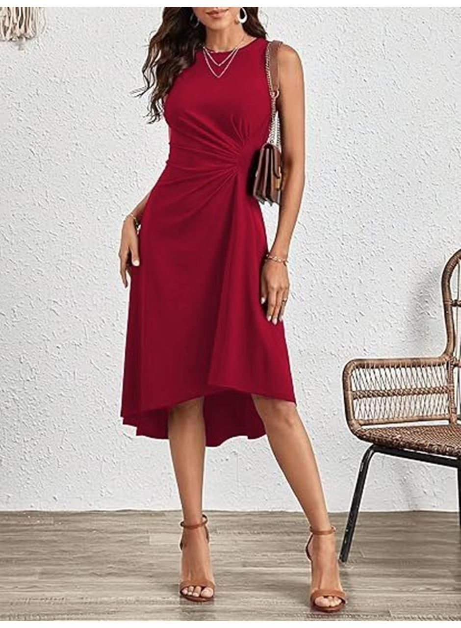 Kadın Sıfır Kollu Bisiklet Yaka Büzgülü Asimetrik Kesim Detaylı Janjan Krep Elbise