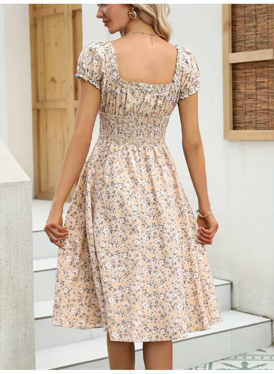 Kadın Kısa Kollu Kruvaze Yaka Lastikli Belden Gipeli çiçek Desenli Suprem Elbise