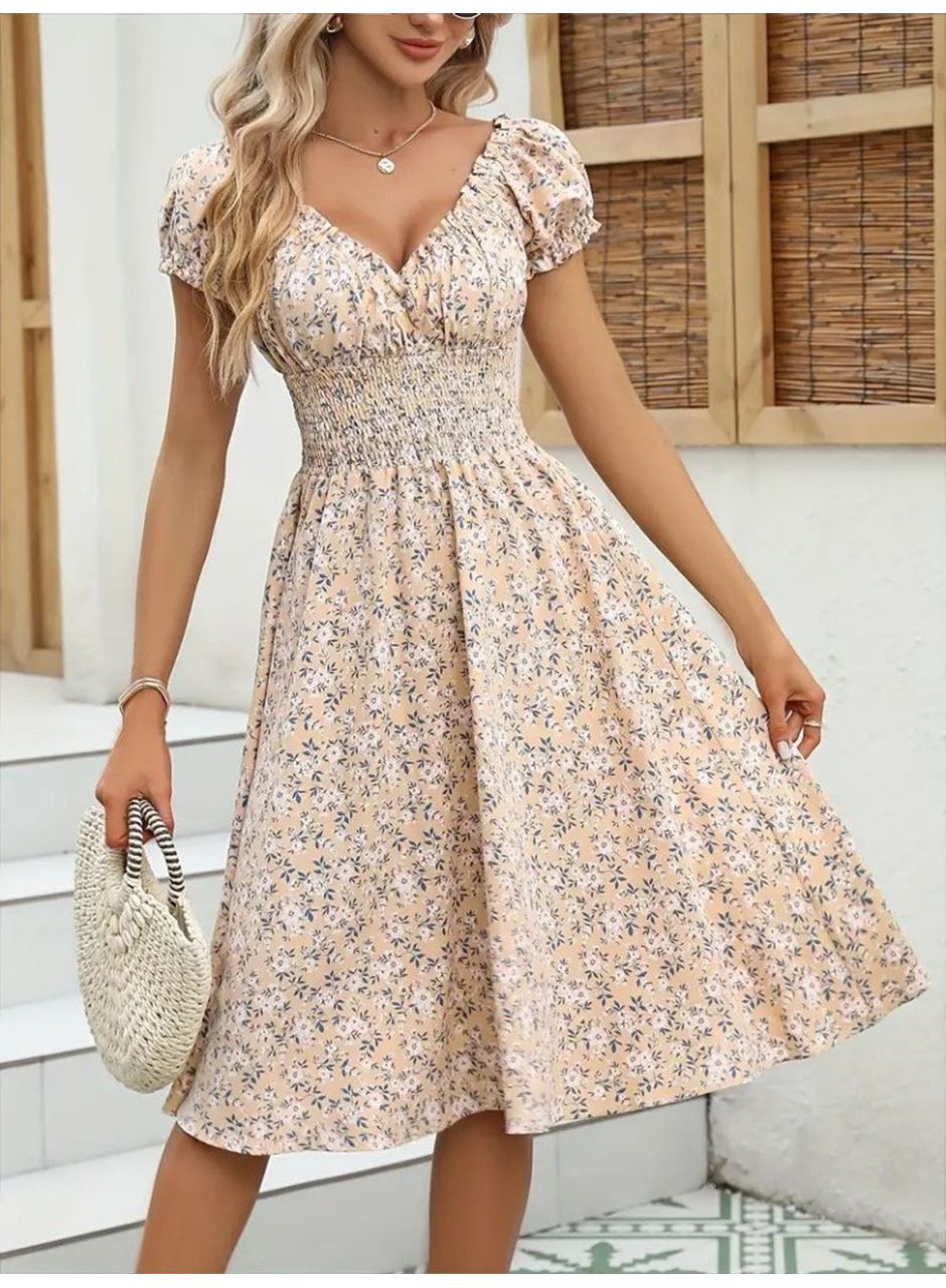 Kadın Kısa Kollu Kruvaze Yaka Lastikli Belden Gipeli çiçek Desenli Suprem Elbise