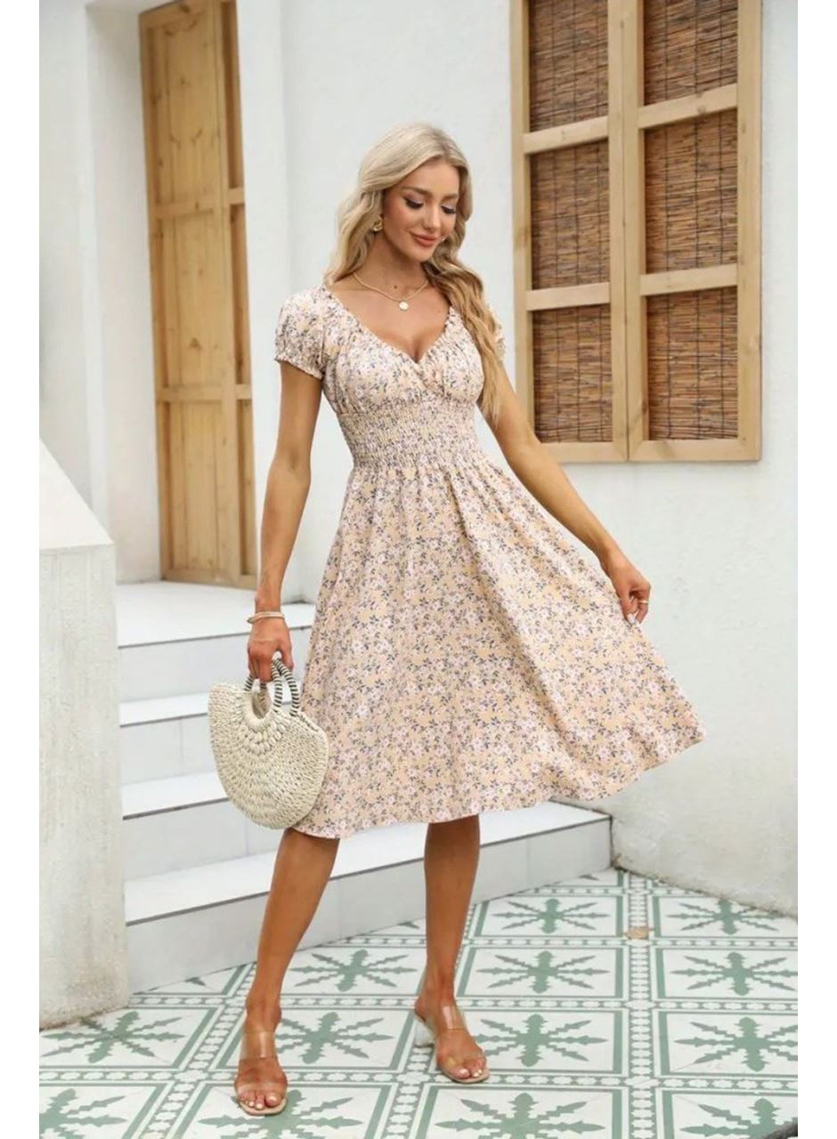 Kadın Kısa Kollu Kruvaze Yaka Lastikli Belden Gipeli çiçek Desenli Suprem Elbise