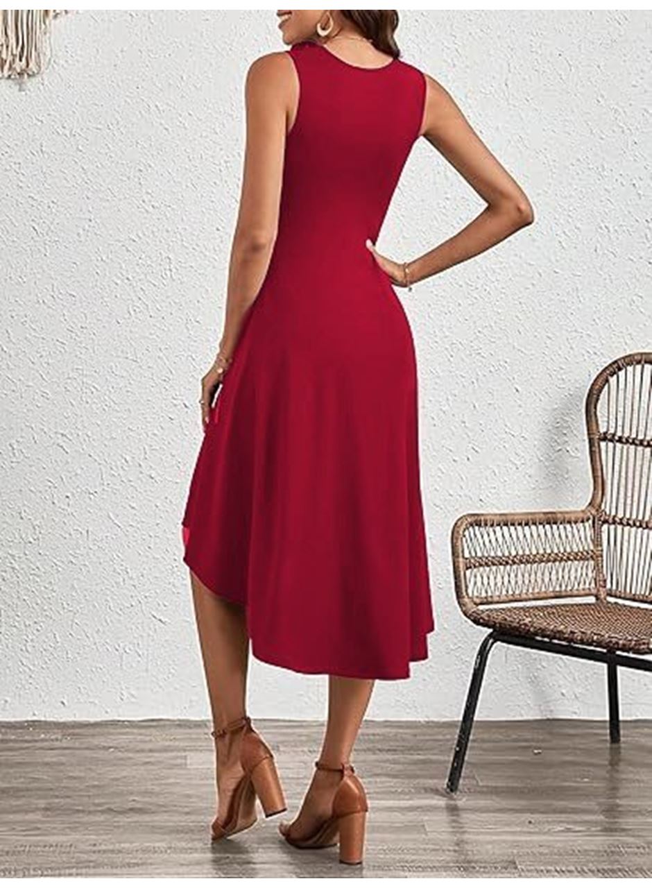 Kadın Sıfır Kollu Bisiklet Yaka Büzgülü Asimetrik Kesim Detaylı Janjan Krep Elbise