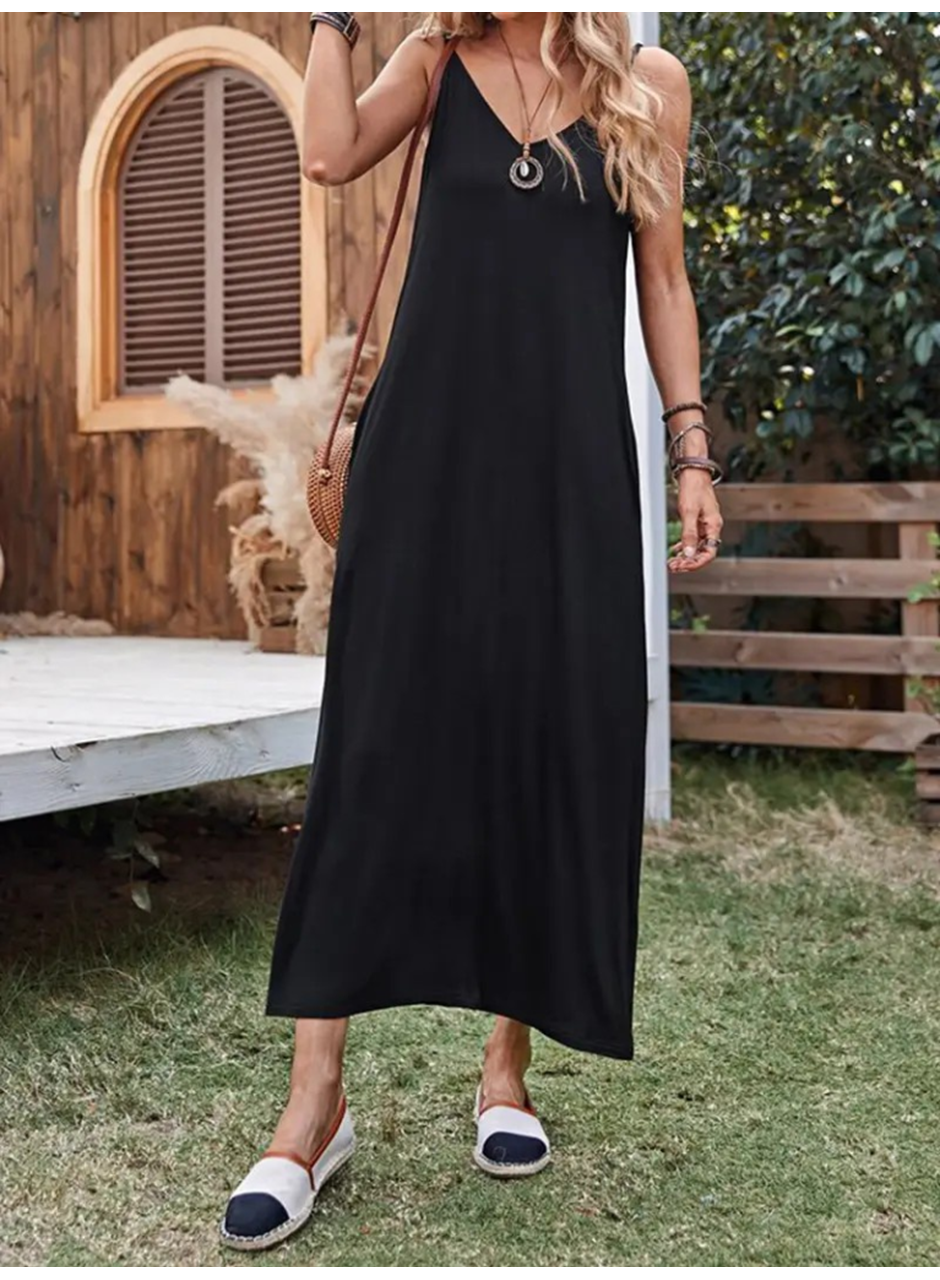 Kadın Ip Askılı Derin Geniş V Yakalı Uzun Viskon Elbise