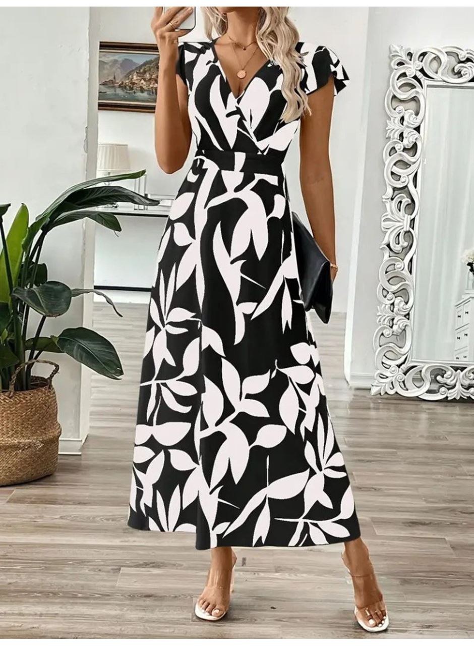 Kadın Kısa Kelebek Kollu Kruvaze Yaka Desenli Süprem Elbise