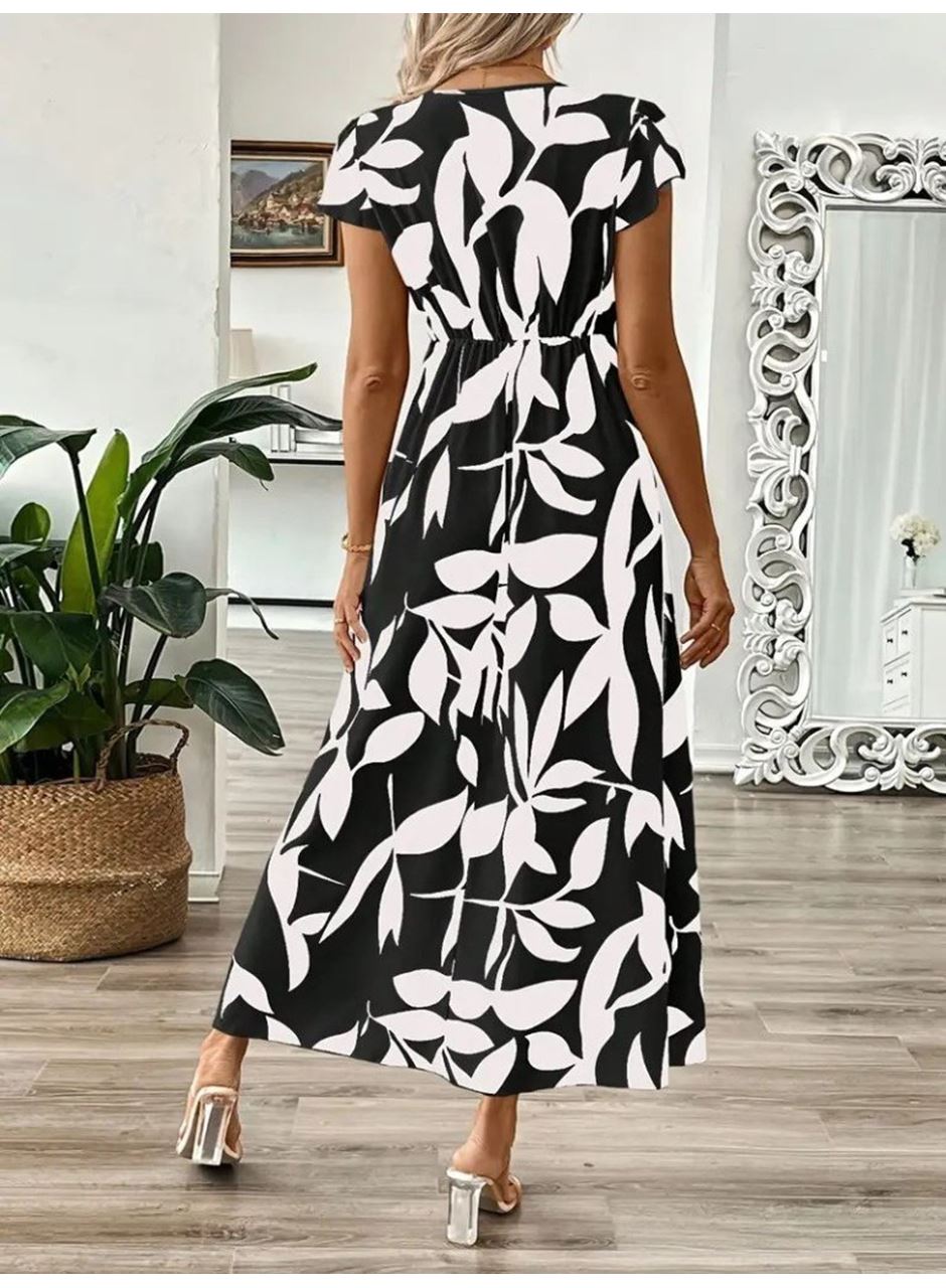 Kadın Kısa Kelebek Kollu Kruvaze Yaka Desenli Süprem Elbise