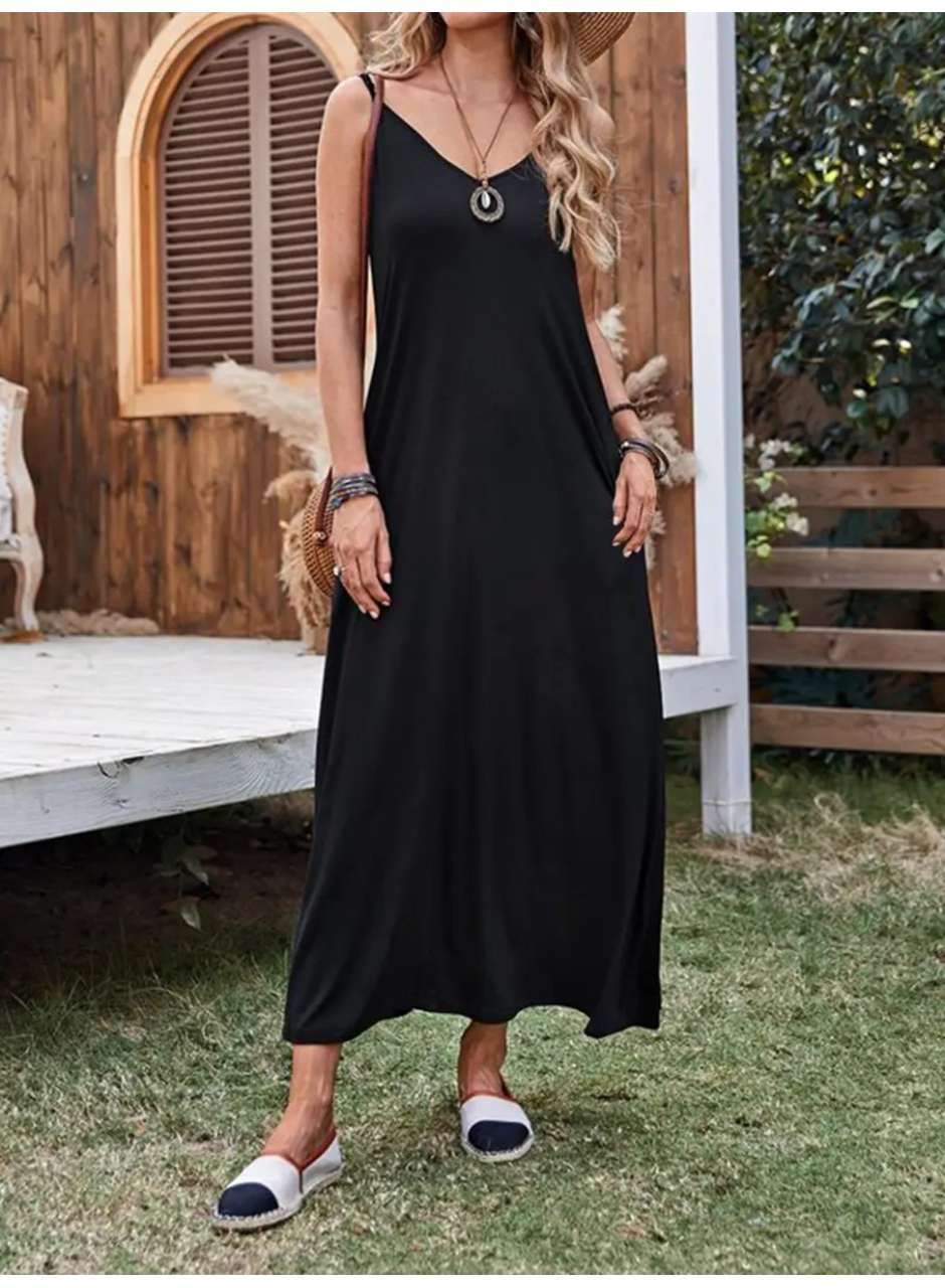 Kadın Ip Askılı Derin Geniş V Yakalı Uzun Viskon Elbise