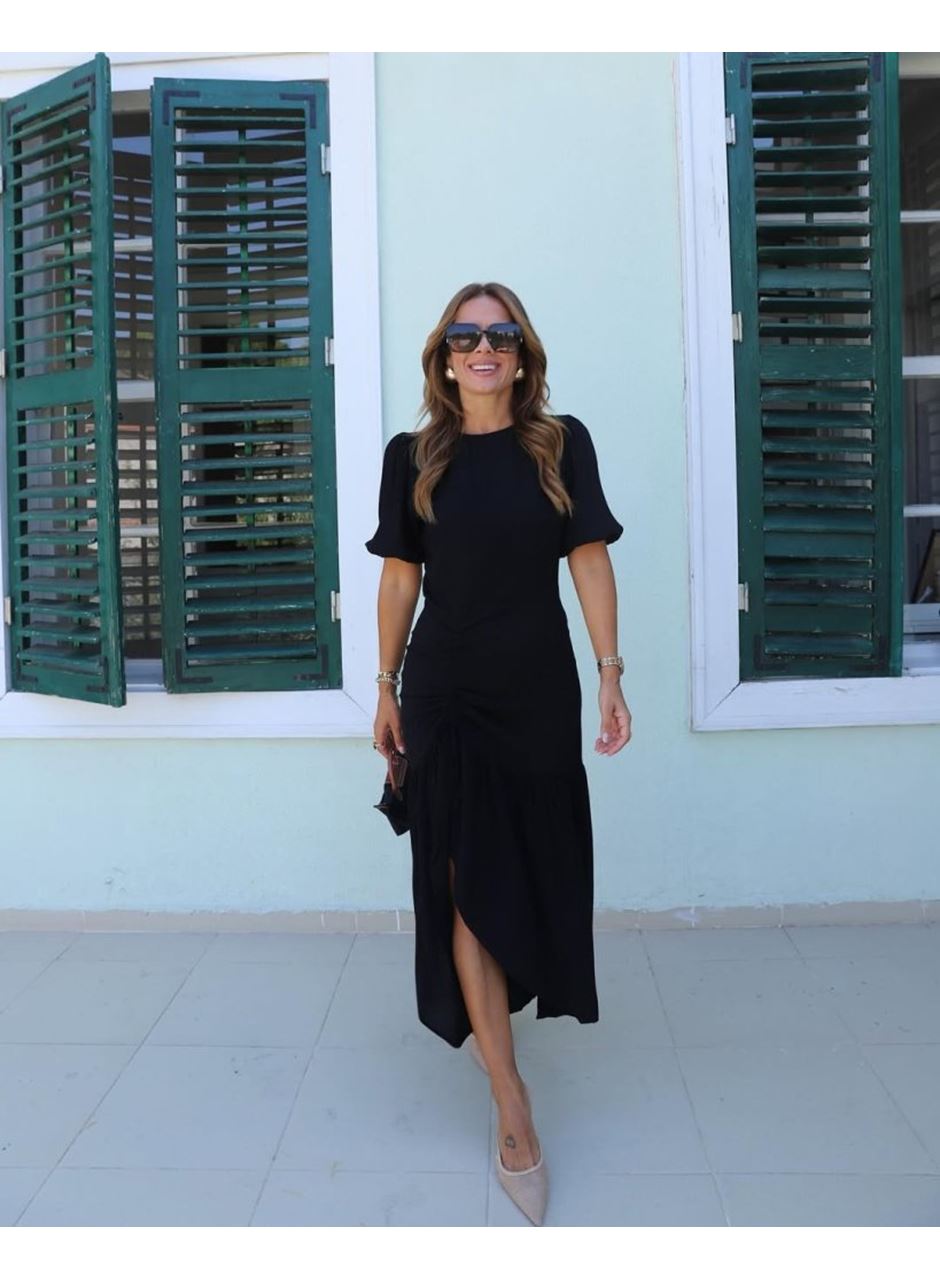 Kadın Kısa Kollu Bisiklet Yakalı Yandan Yırtmaçlı Büzgülü Janjan Krep Elbise