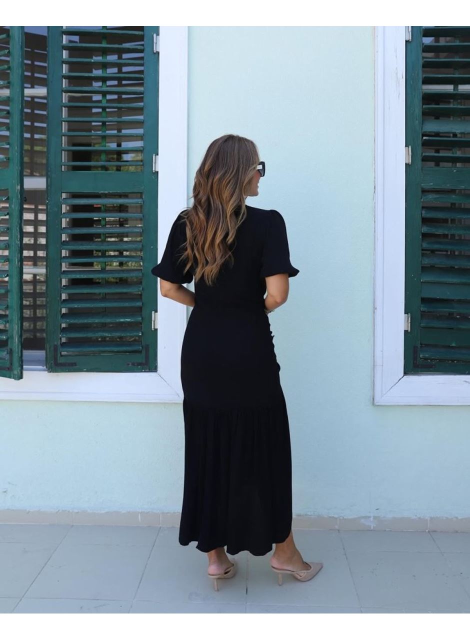 Kadın Kısa Kollu Bisiklet Yakalı Yandan Yırtmaçlı Büzgülü Janjan Krep Elbise