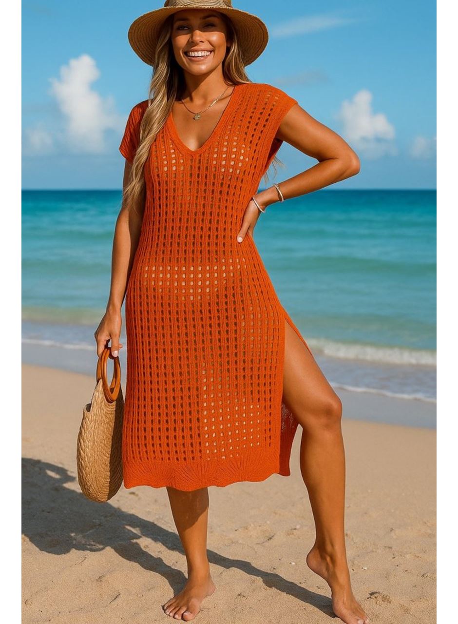 Kadın Sıfır Kol V Yaka Yanı Derin Yırtmaçlı Midi Boy Triko Elbise