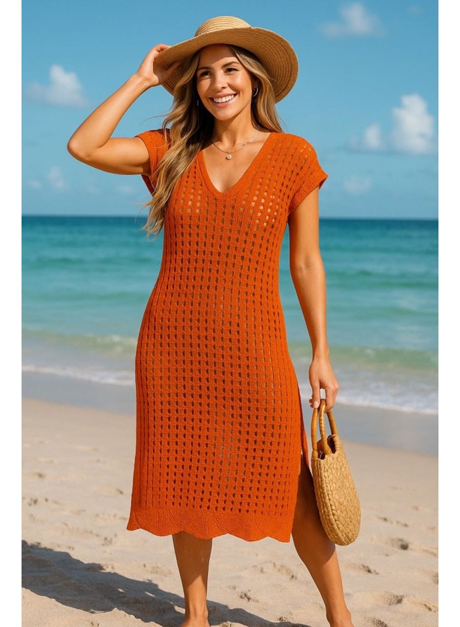 Kadın Sıfır Kol V Yaka Yanı Derin Yırtmaçlı Midi Boy Triko Elbise