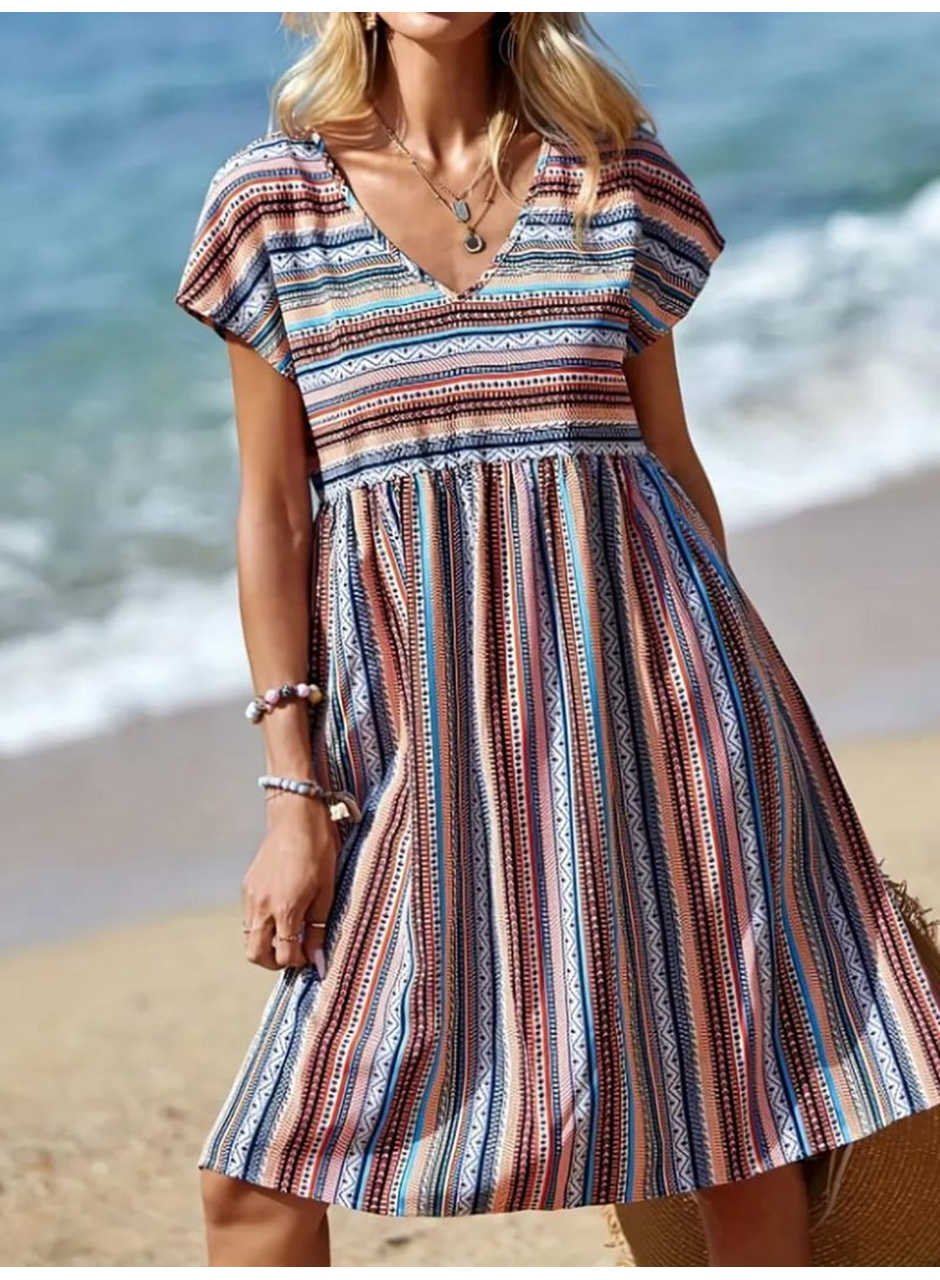 Kadın Kısa Kollu V Yakalı Pile Detay Keten Elbise