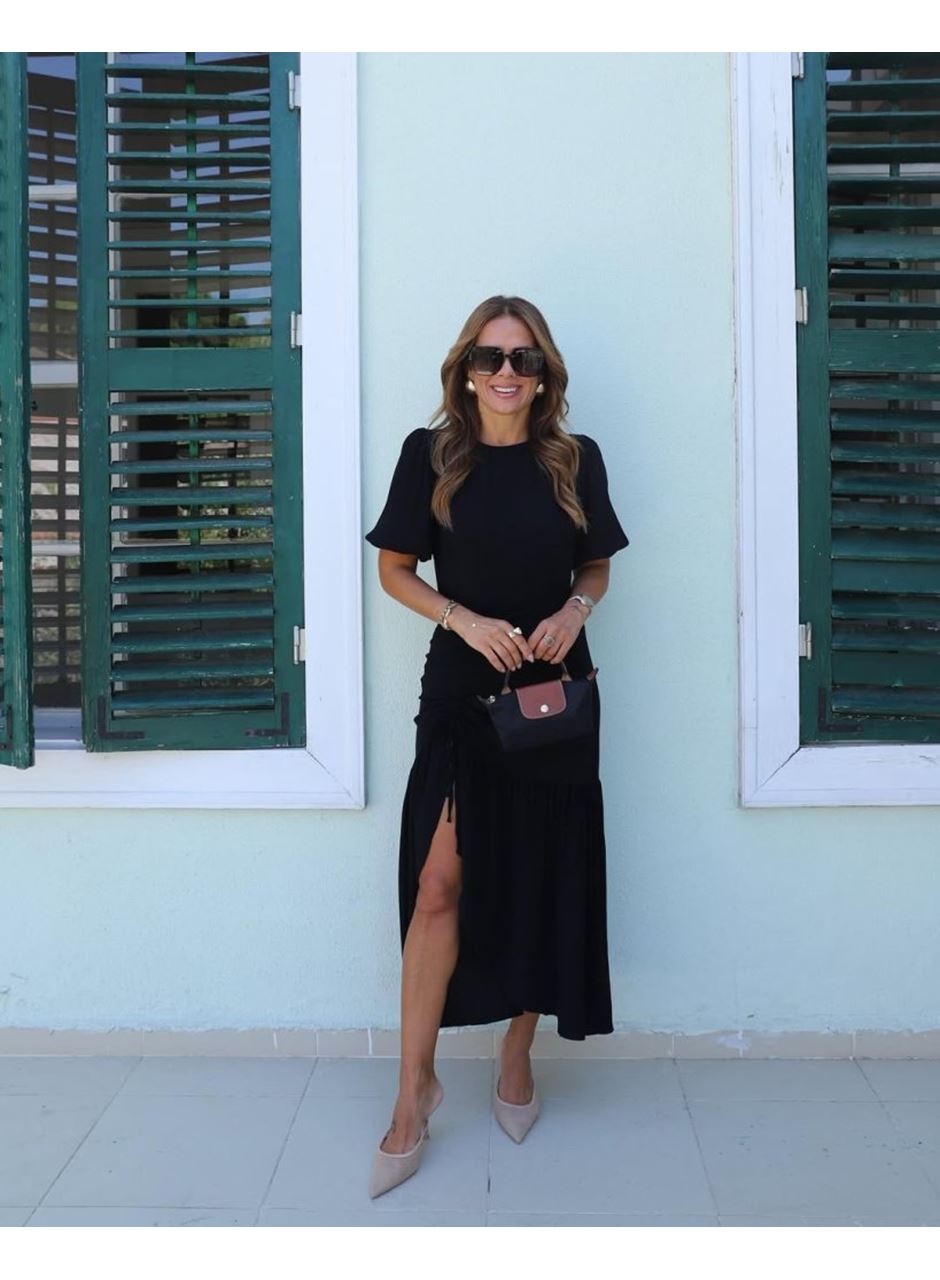 Kadın Kısa Kollu Bisiklet Yakalı Yandan Yırtmaçlı Büzgülü Janjan Krep Elbise