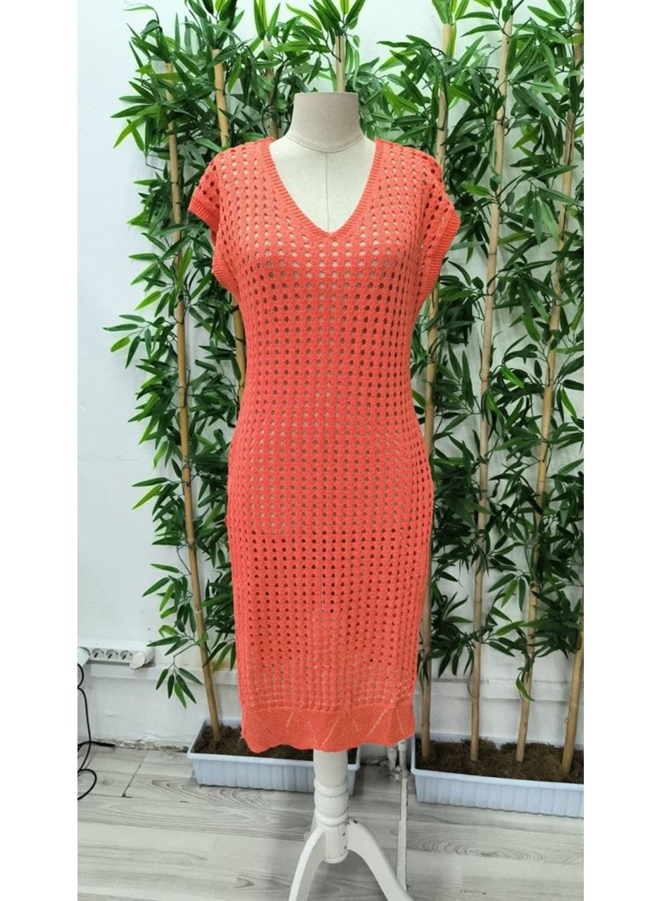 Kadın Sıfır Kol V Yaka Yanı Derin Yırtmaçlı Midi Boy Triko Elbise