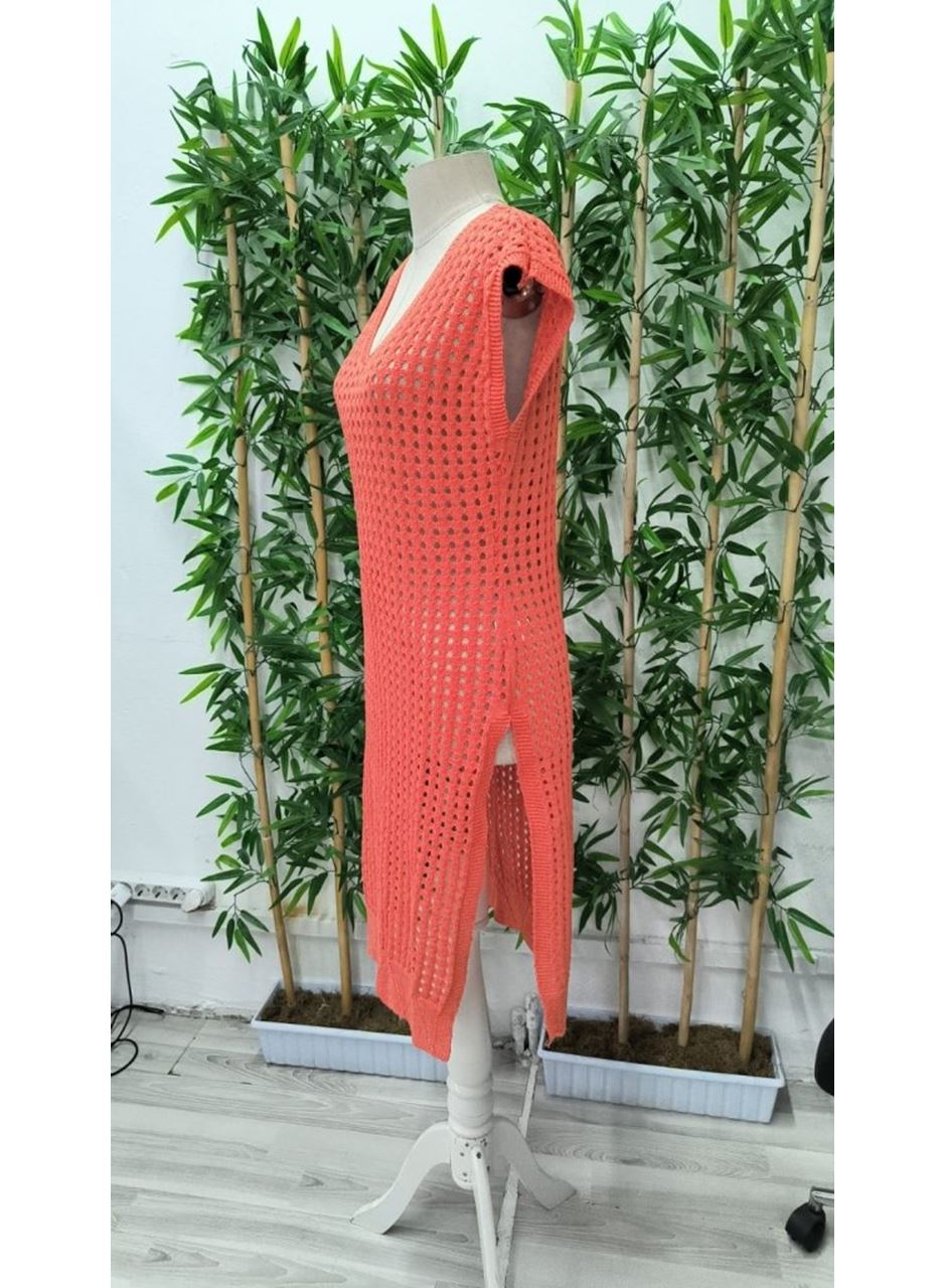 Kadın Sıfır Kol V Yaka Yanı Derin Yırtmaçlı Midi Boy Triko Elbise