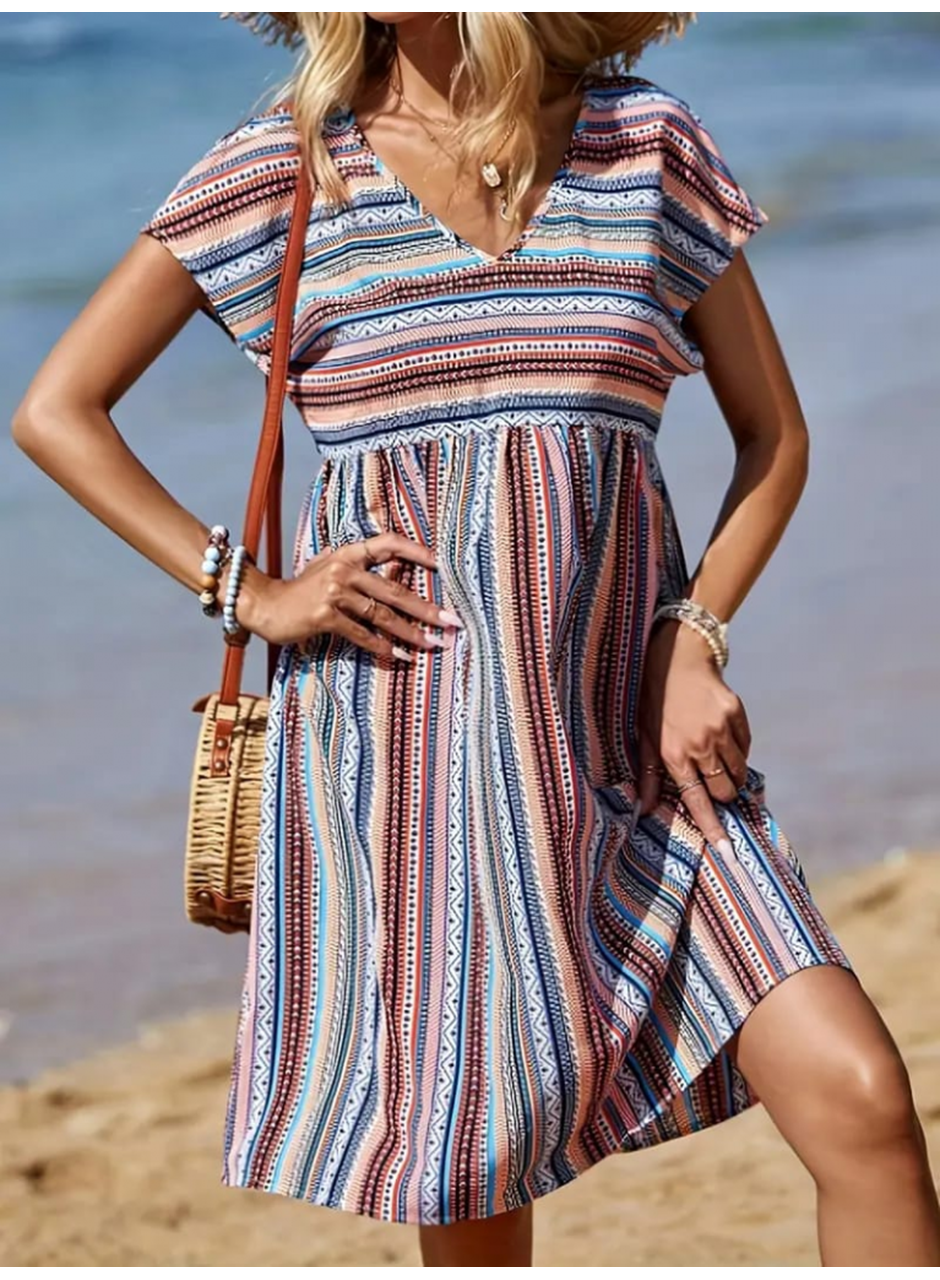 Kadın Kısa Kollu V Yakalı Pile Detay Keten Elbise