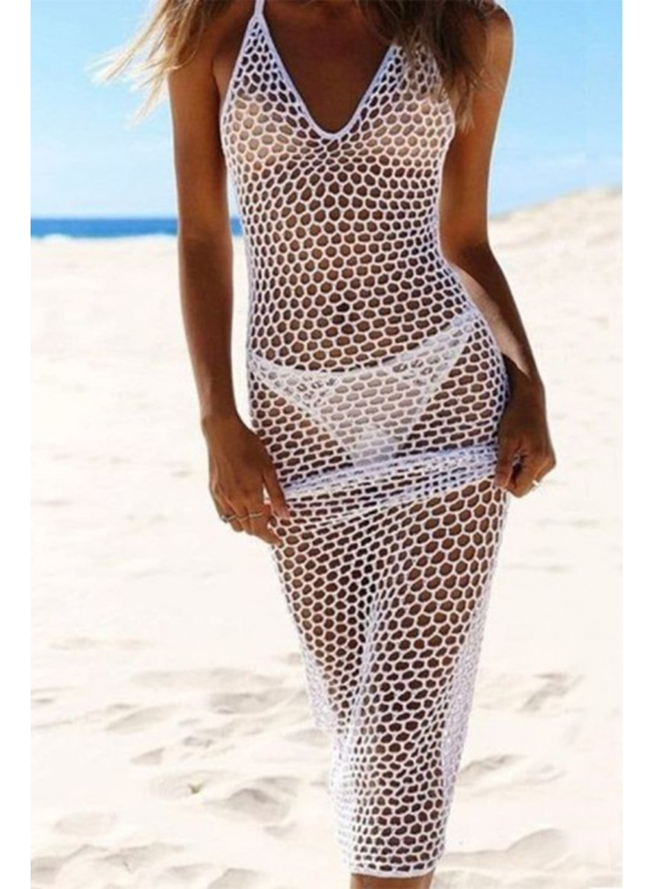 Kadın File Desen Tam Boy Askılı Triko Pareo