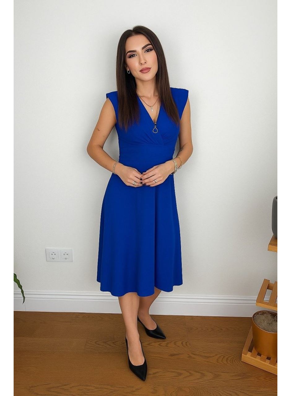 Kadın Kısa Kollu Kruvaze Yakalı Bel Korsajı Buzgulu Midi Janjan Krep Elbise