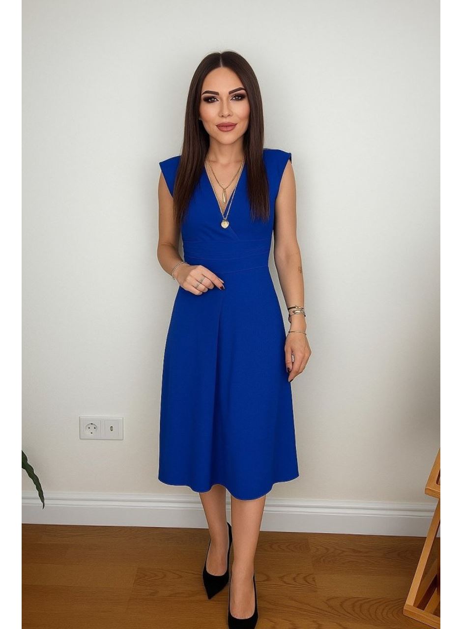 Kadın Kısa Kollu Kruvaze Yakalı Bel Korsajı Buzgulu Midi Janjan Krep Elbise