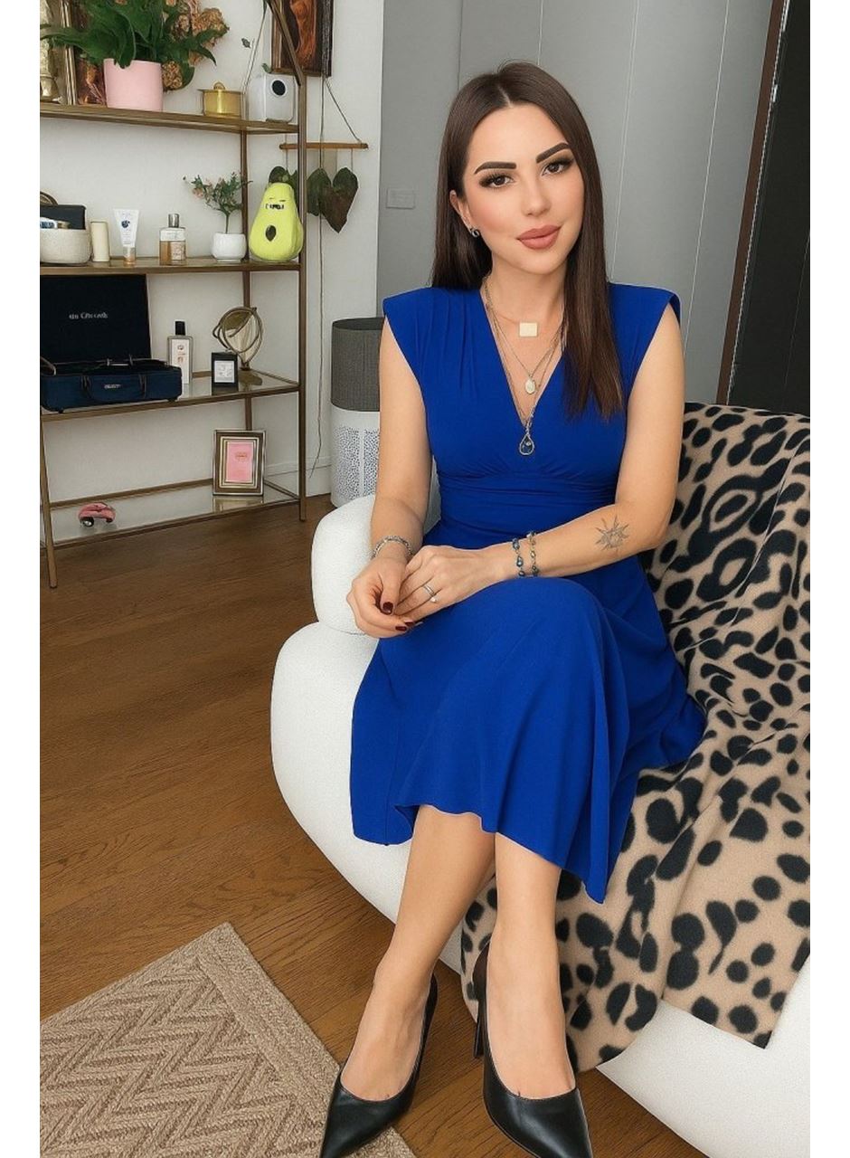 Kadın Kısa Kollu Kruvaze Yakalı Bel Korsajı Buzgulu Midi Janjan Krep Elbise