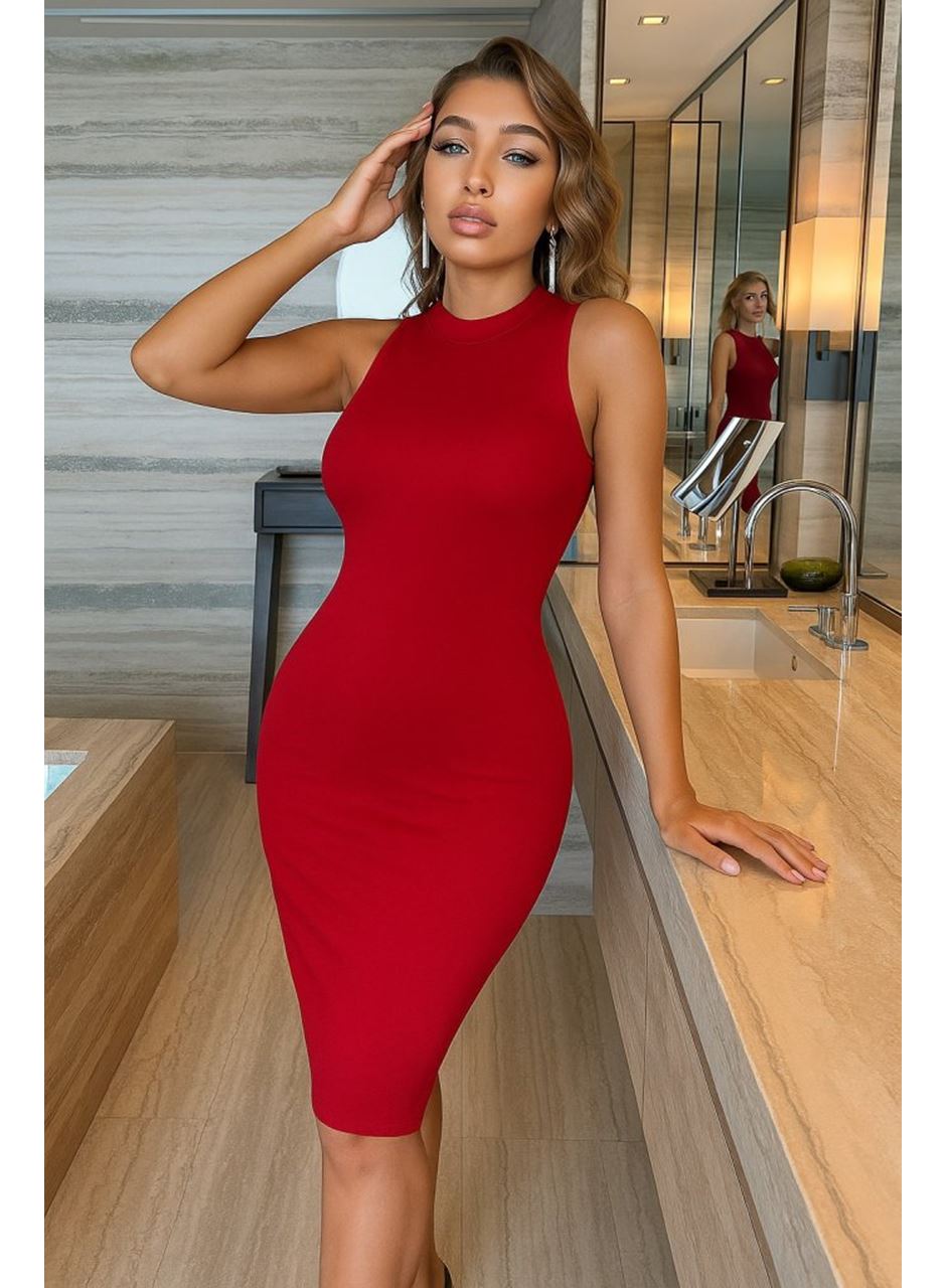 Kadın Omuzlardan Açık Bisiklet Yaka Janjan Krep Elbise