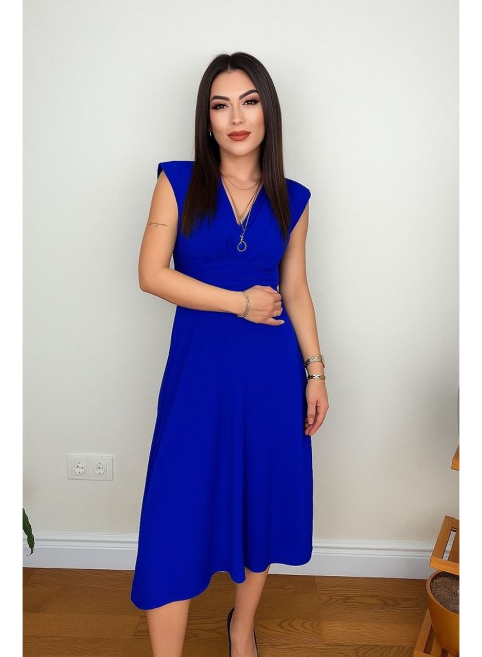 Kadın Kısa Kollu Kruvaze Yakalı Bel Korsajı Buzgulu Midi Janjan Krep Elbise