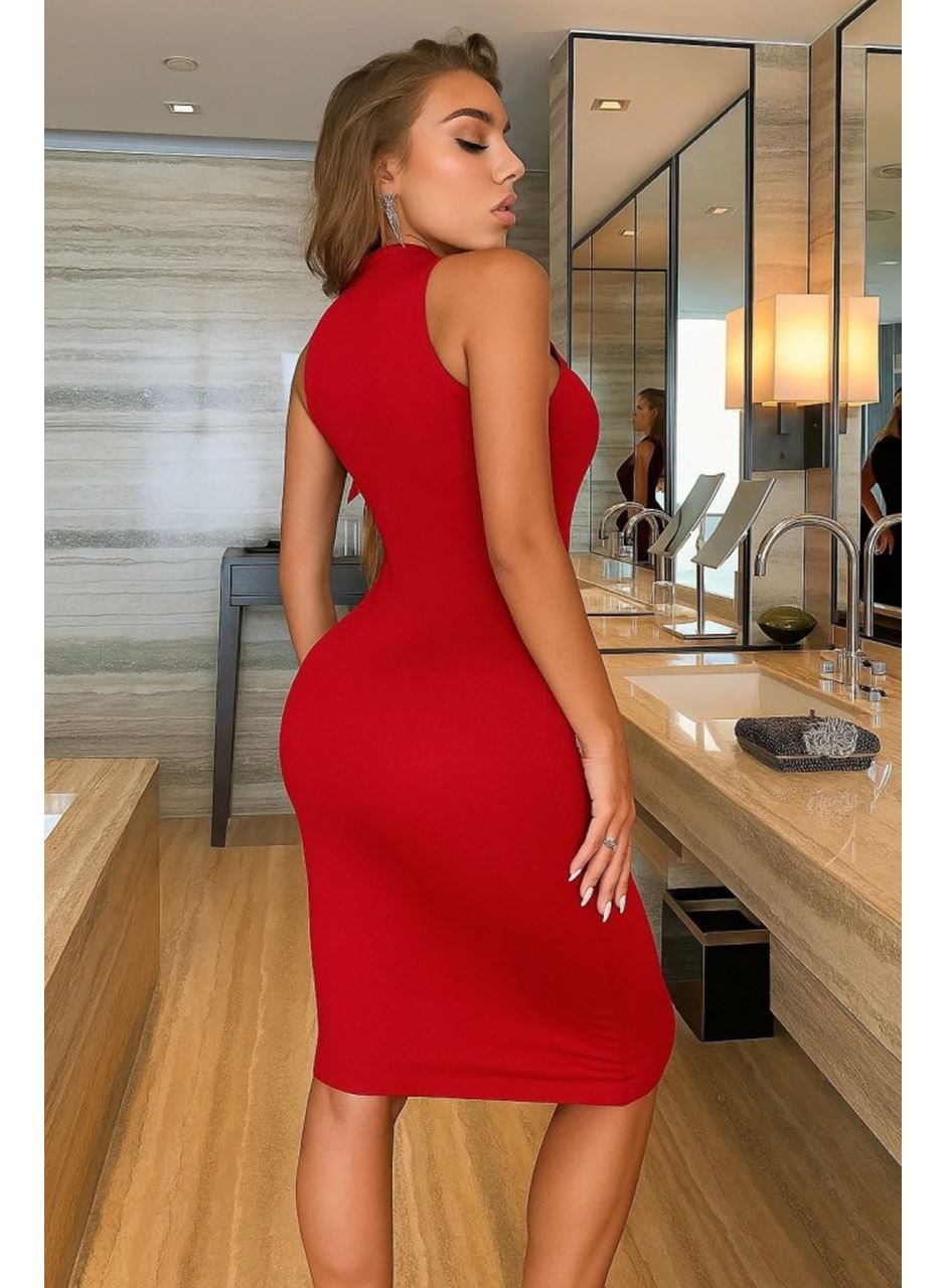 Kadın Omuzlardan Açık Bisiklet Yaka Janjan Krep Elbise