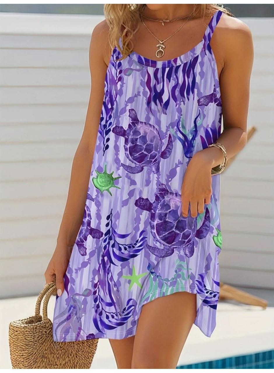 Kadın Askılı Yuvarlak Yaka Kaplumbağa Desenli Süprem Elbise