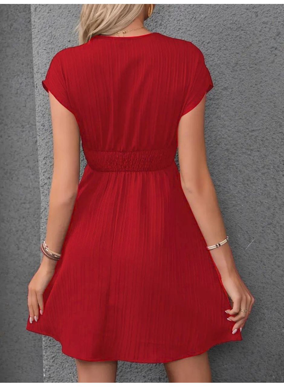 Kadın Kısa Kollu Kruvaze Yakalı Beli Lastikli Bürümcük Elbise