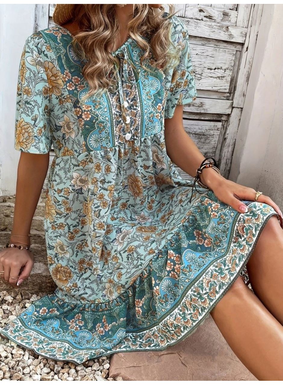 Kadın Kısa Kollu Yakası Bağcıklı önden Düğmeli Fırfır Desenli Süprem Elbise