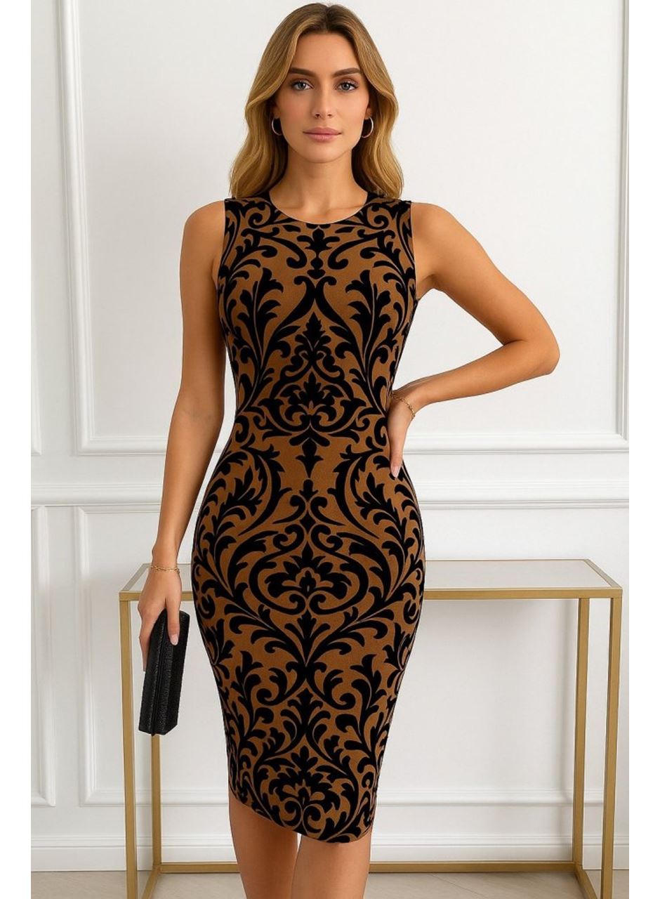 Kadın Kolsuz Yarı Balıkçı Yaka Desenli Dalgıç Elbise