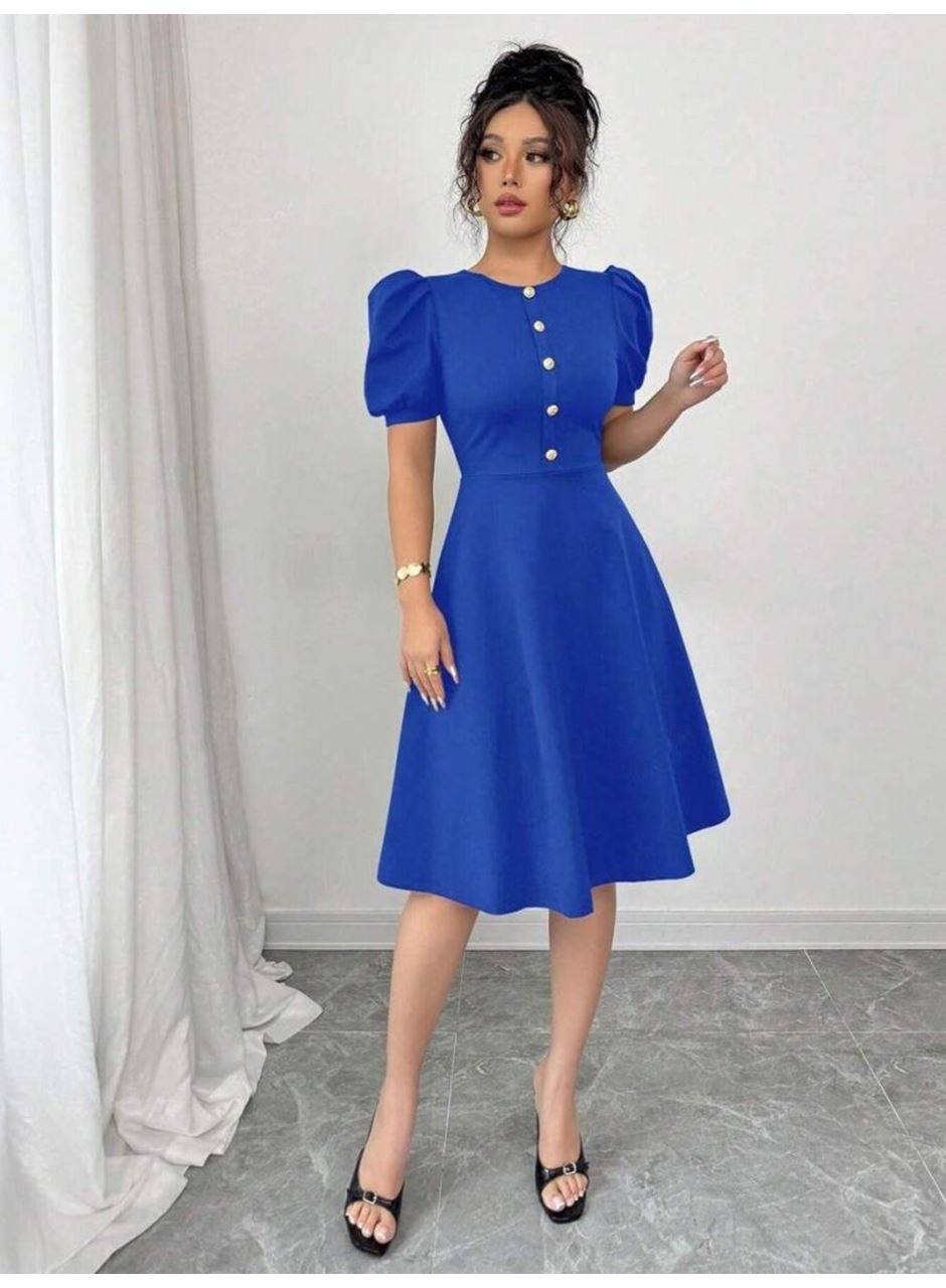 Kadın Kısa Kollu Bisiklet Yaka önden Düğmeli Ithal Krep Elbise