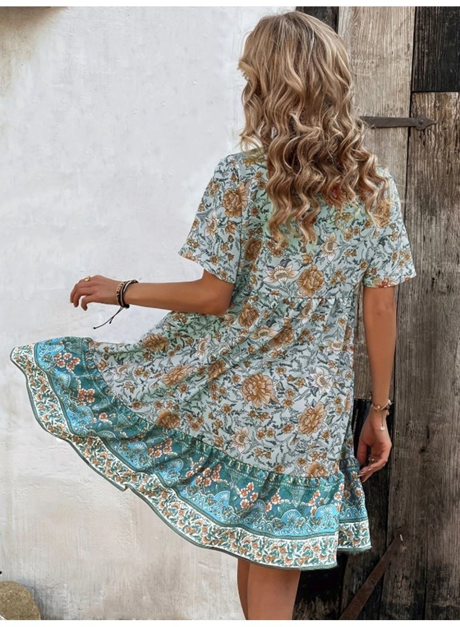 Kadın Kısa Kollu Yakası Bağcıklı önden Düğmeli Fırfır Desenli Süprem Elbise
