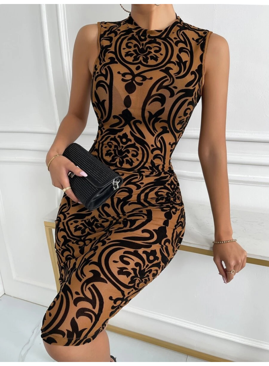 Kadın Kolsuz Yarı Balıkçı Yaka Desenli Dalgıç Elbise