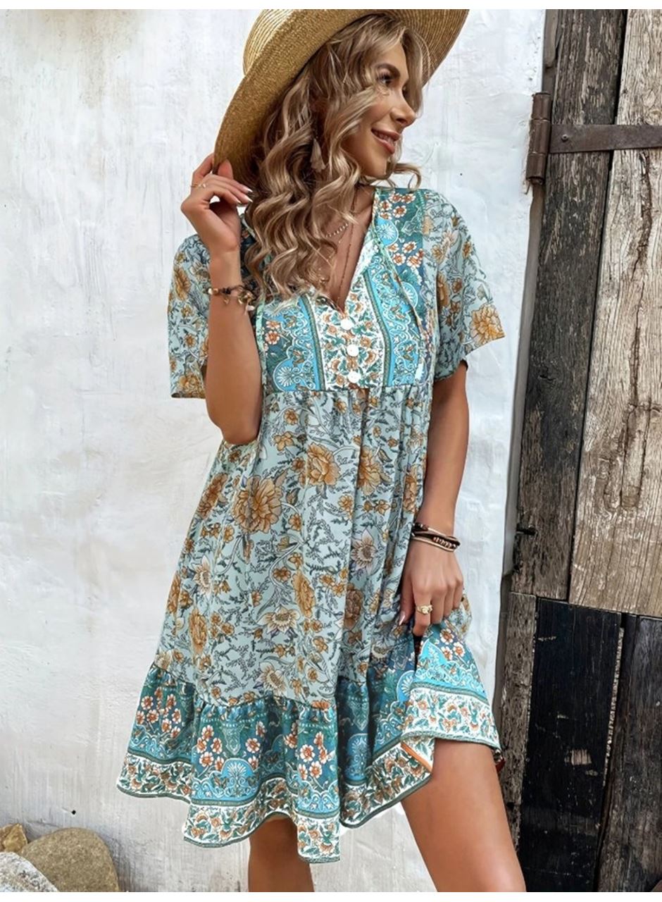 Kadın Kısa Kollu Yakası Bağcıklı önden Düğmeli Fırfır Desenli Süprem Elbise