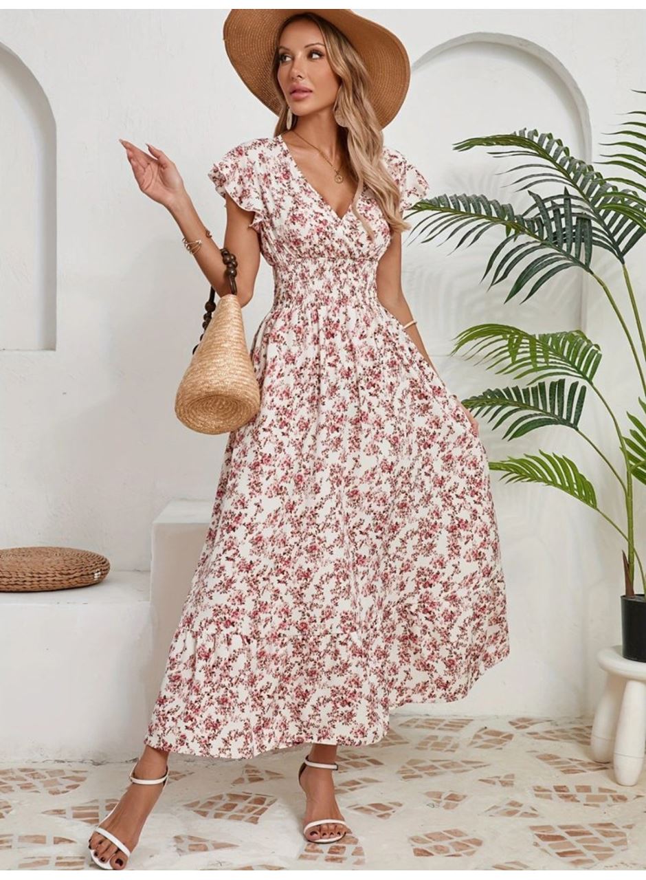 Kadın Kısa Kollu Kruvaze Yaka Beli Lastikli çiçek Desenli Elbise