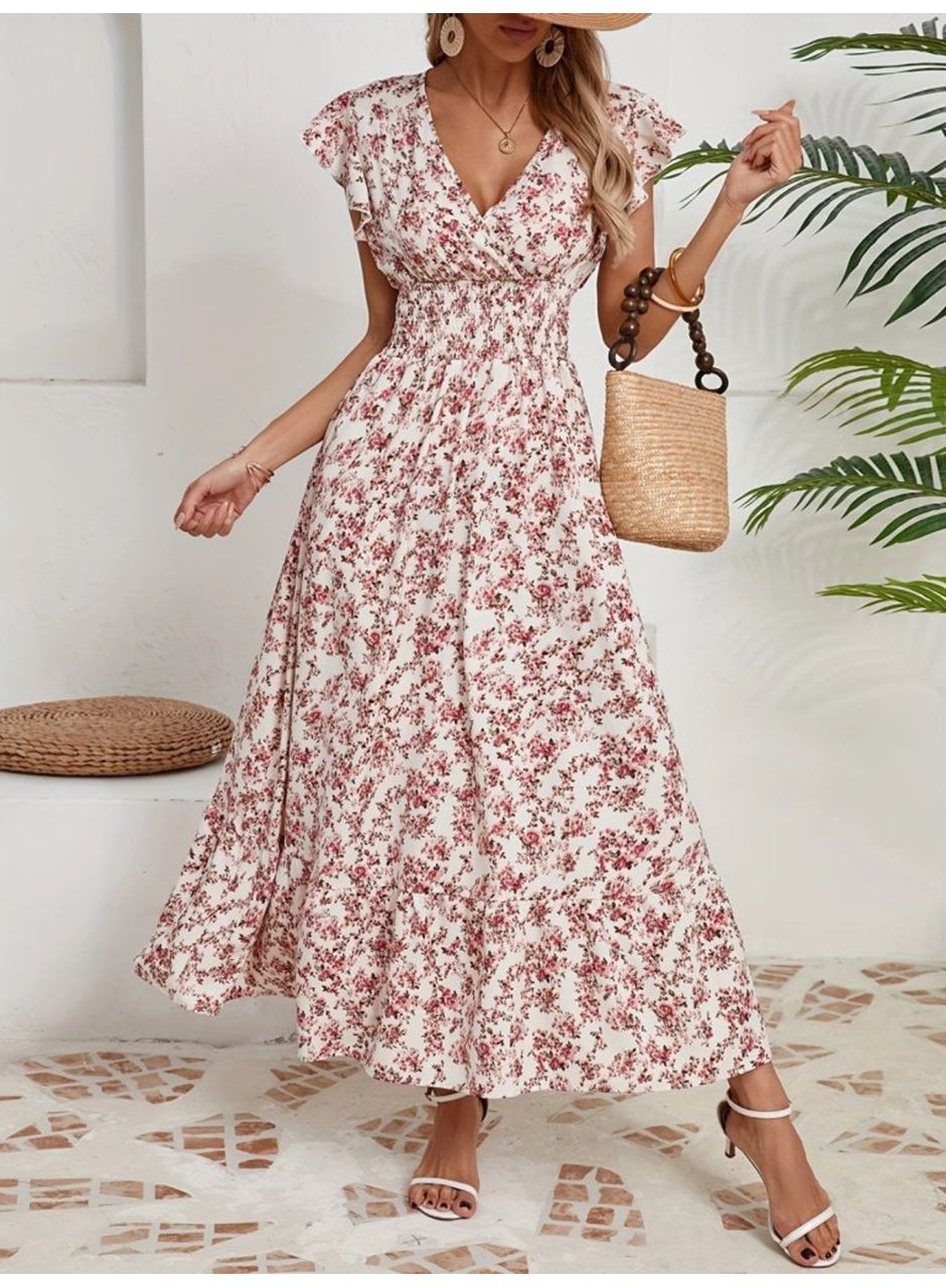 Kadın Kısa Kollu Kruvaze Yaka Beli Lastikli çiçek Desenli Elbise