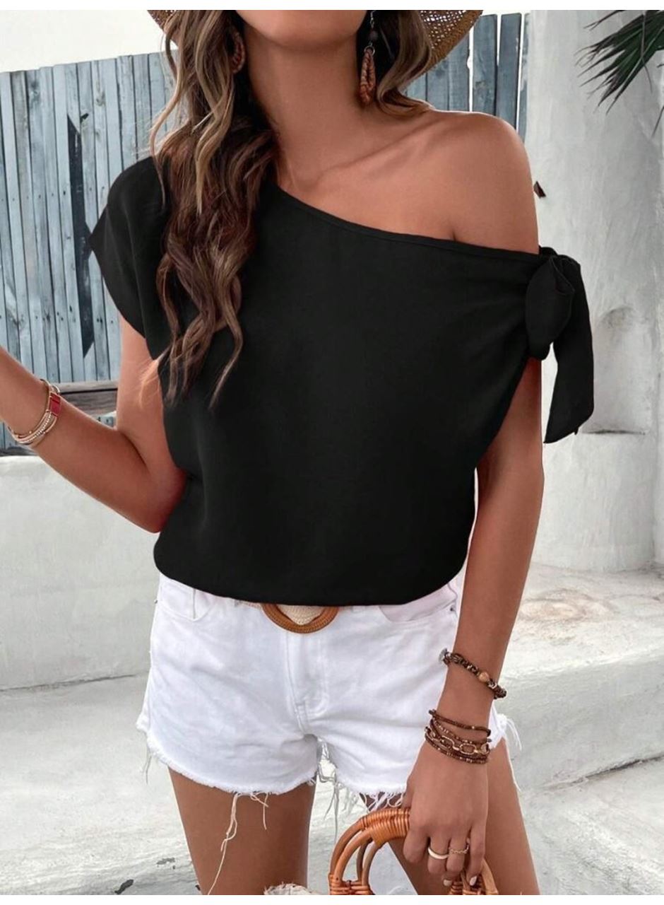 Kadın Tek Omuzu Açık Koldan Bağlamalı Janjan Krep Bluz