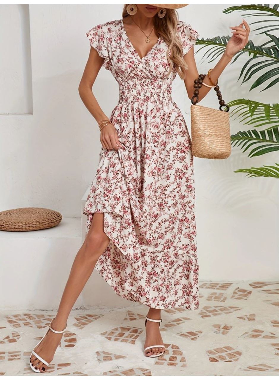 Kadın Kısa Kollu Kruvaze Yaka Beli Lastikli çiçek Desenli Elbise