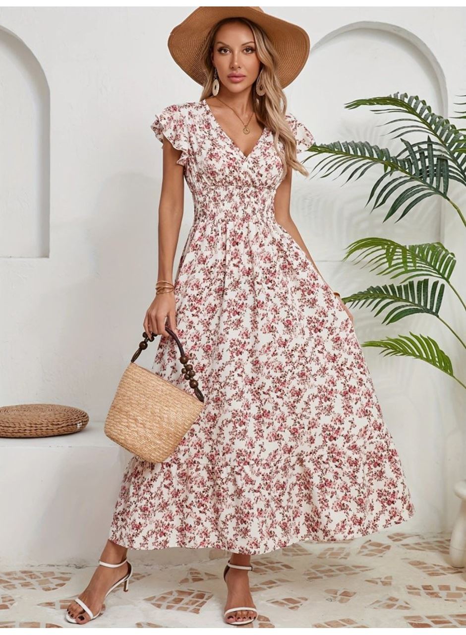 Kadın Kısa Kollu Kruvaze Yaka Beli Lastikli çiçek Desenli Elbise