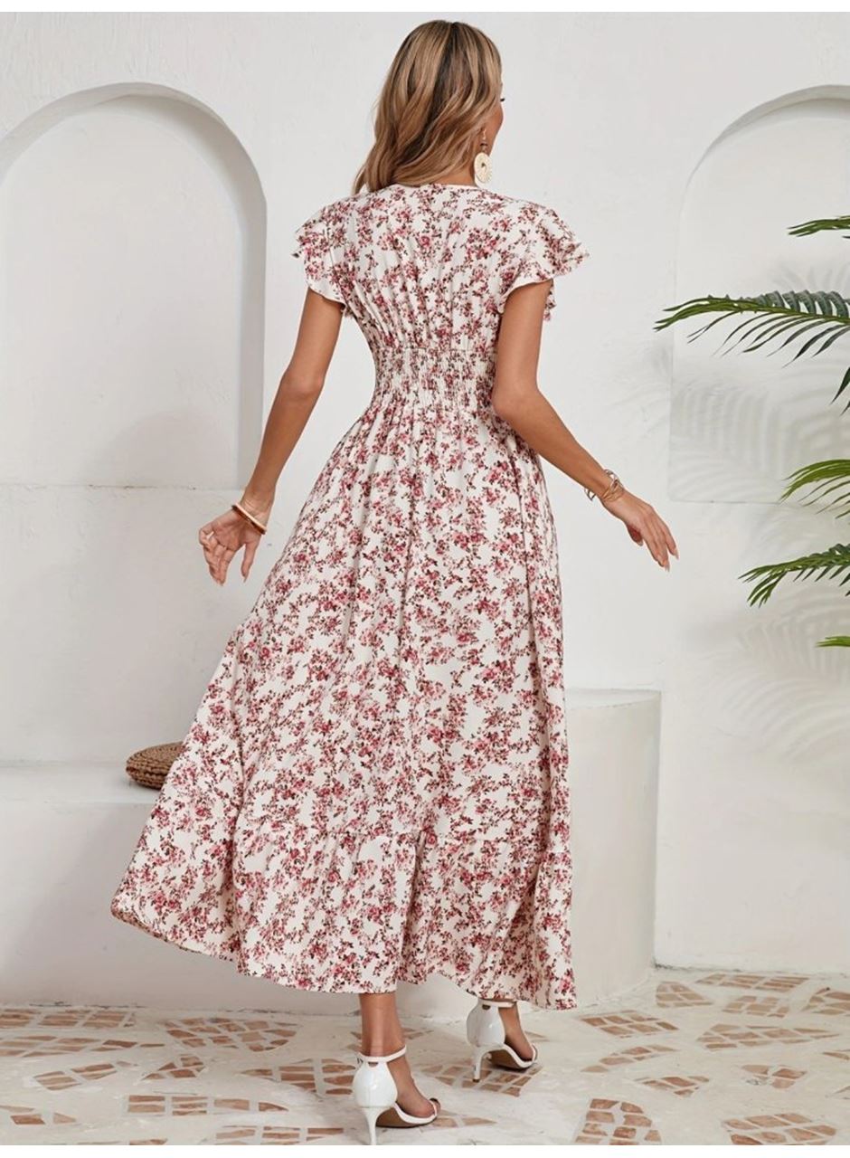 Kadın Kısa Kollu Kruvaze Yaka Beli Lastikli çiçek Desenli Elbise