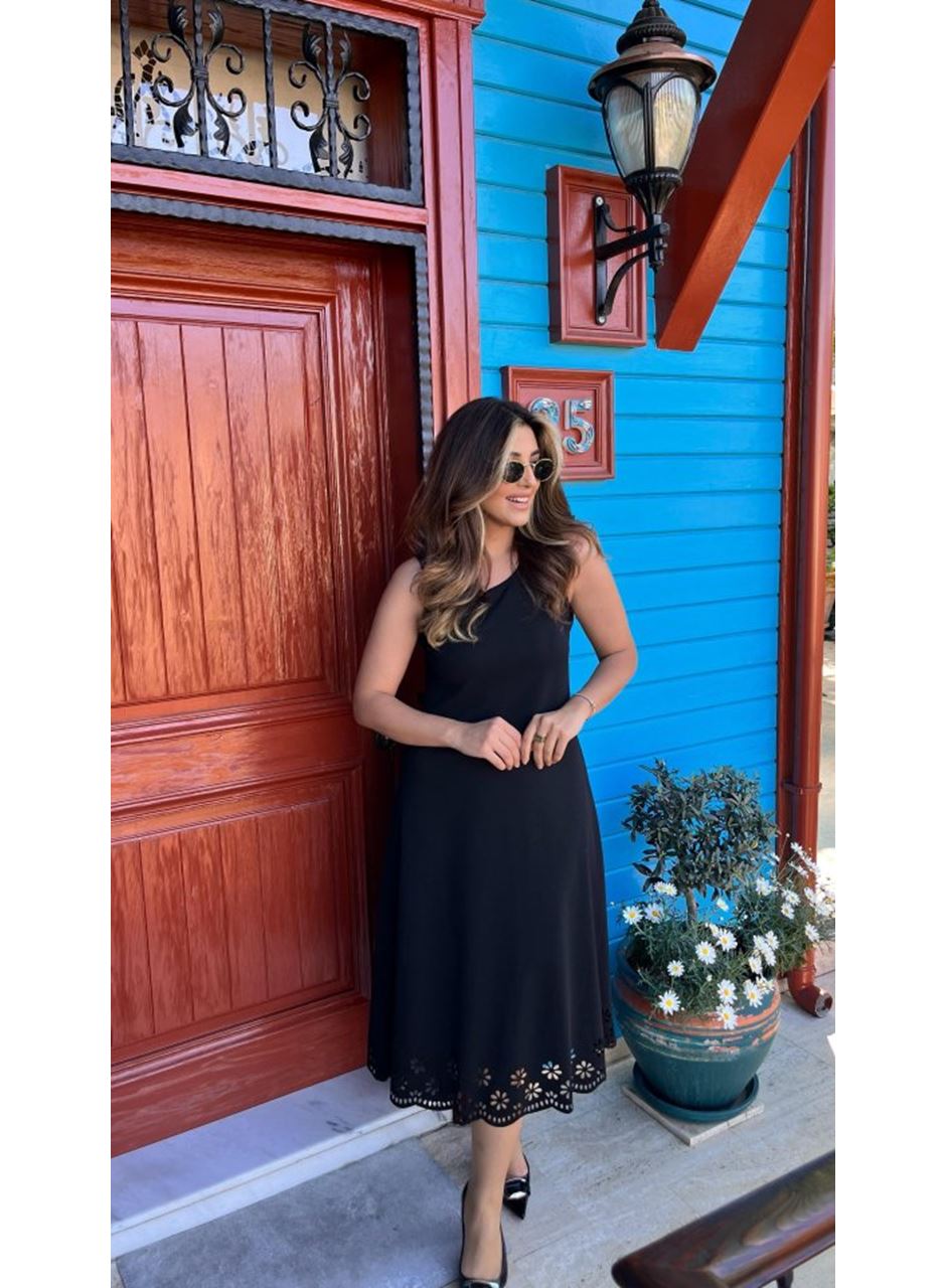 Kadın Kolsuz Etek Ucu Lazer Kesim çiçek Desenli Midi Boy Janjan Krep Elbise