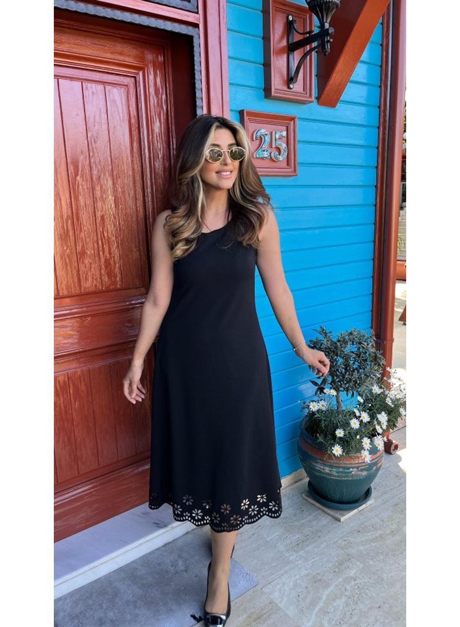 Kadın Kolsuz Etek Ucu Lazer Kesim çiçek Desenli Midi Boy Janjan Krep Elbise