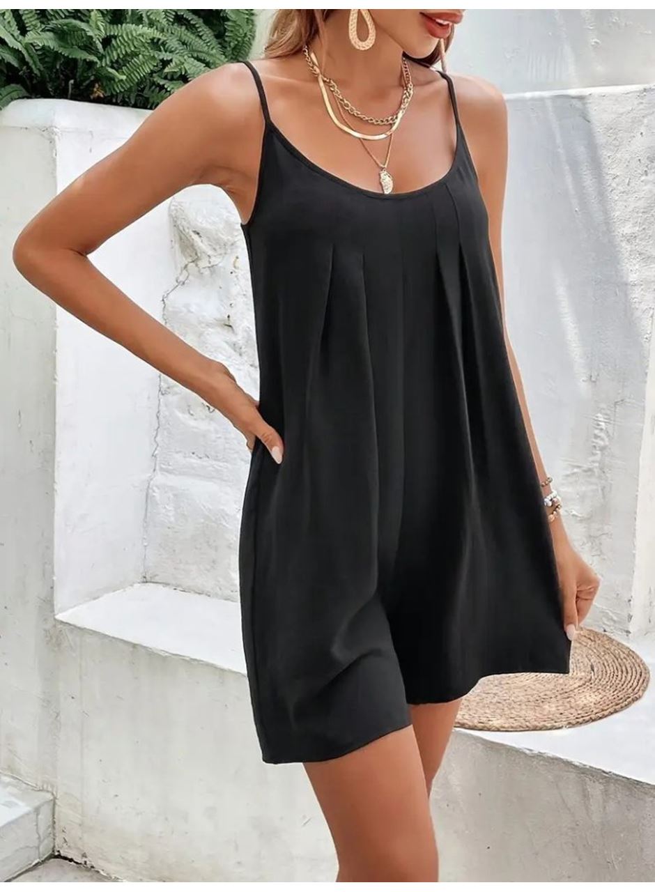 Kadın Ip Askılı Yuvarlak Yakalı Pileli Viskon Tulum