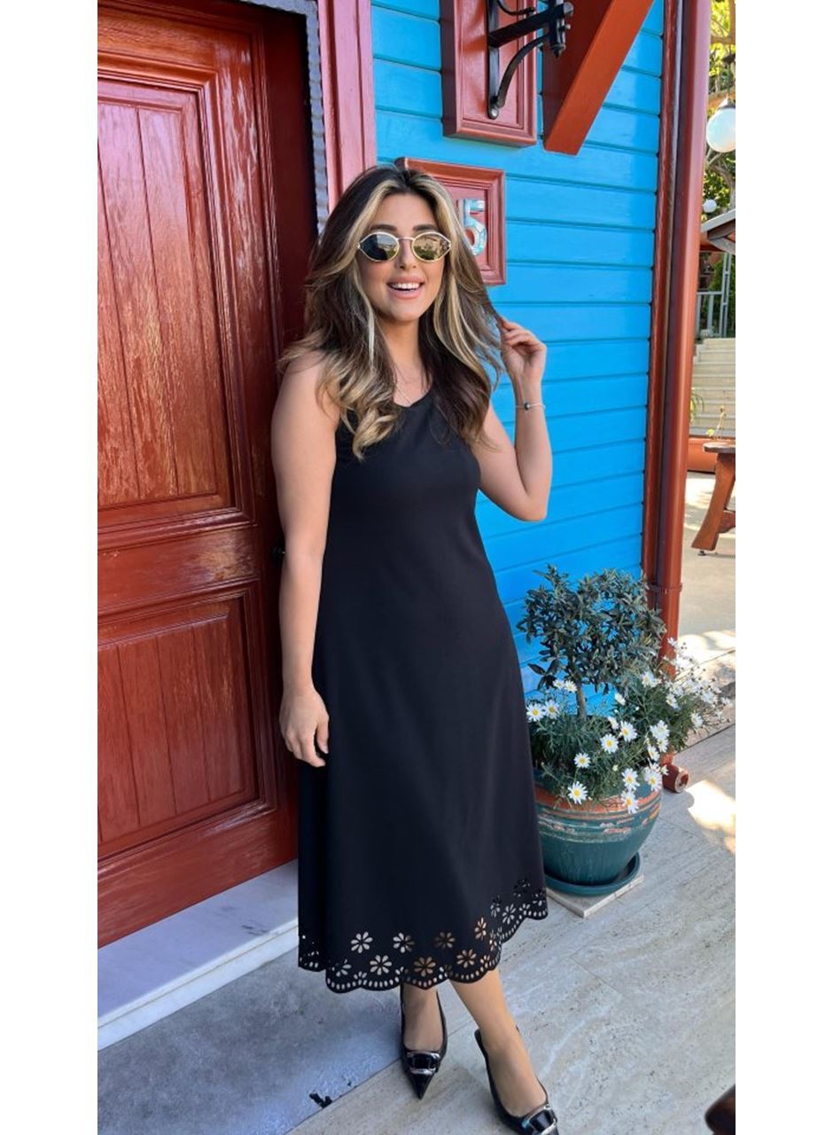 Kadın Kolsuz Etek Ucu Lazer Kesim çiçek Desenli Midi Boy Janjan Krep Elbise